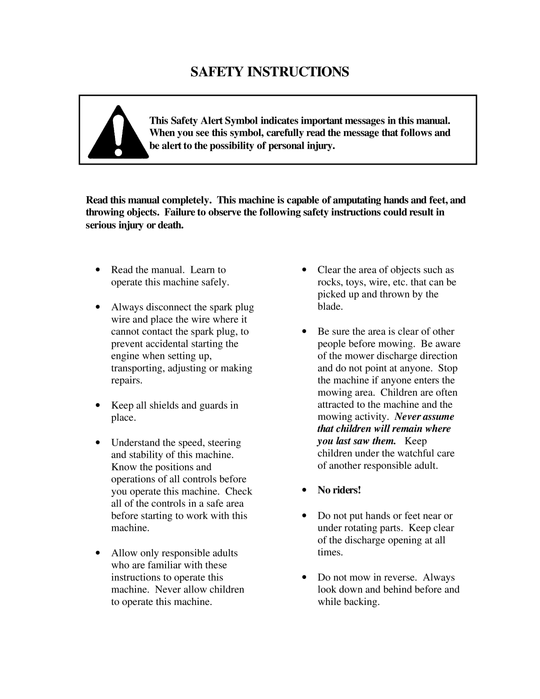 Swisher WB80042F owner manual Safety Instructions 