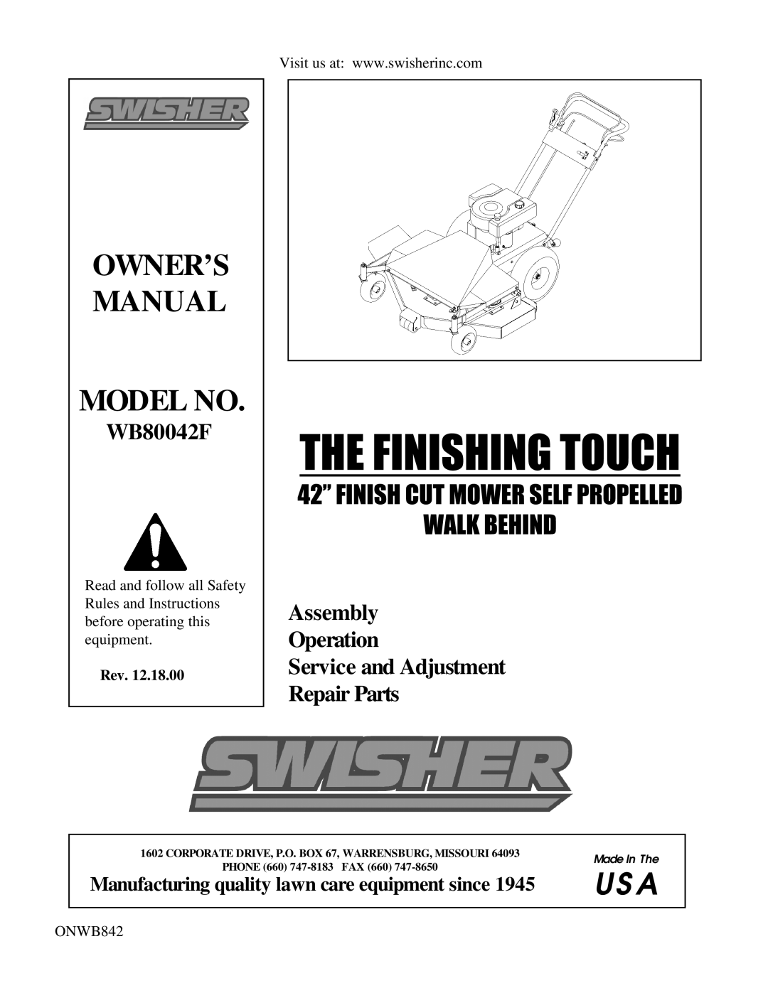 Swisher WB80042F owner manual Model No, Assembly Operation Service and Adjustment, Repair Parts, Rev, ONWB842, Us A 