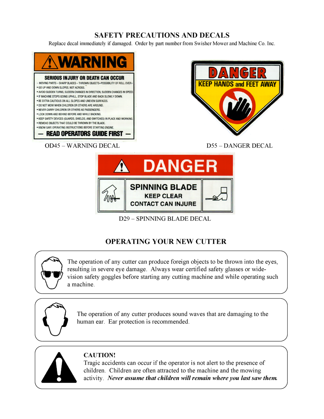 Swisher WB924 owner manual Safety Precautions and Decals, Operating Your NEW Cutter 