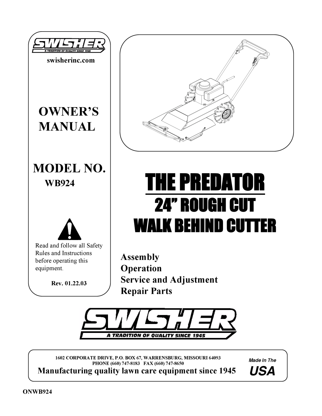 Swisher WB924 owner manual Assembly Operation Service and Adjustment, Repair Parts, swisherinc.com, The Predator 