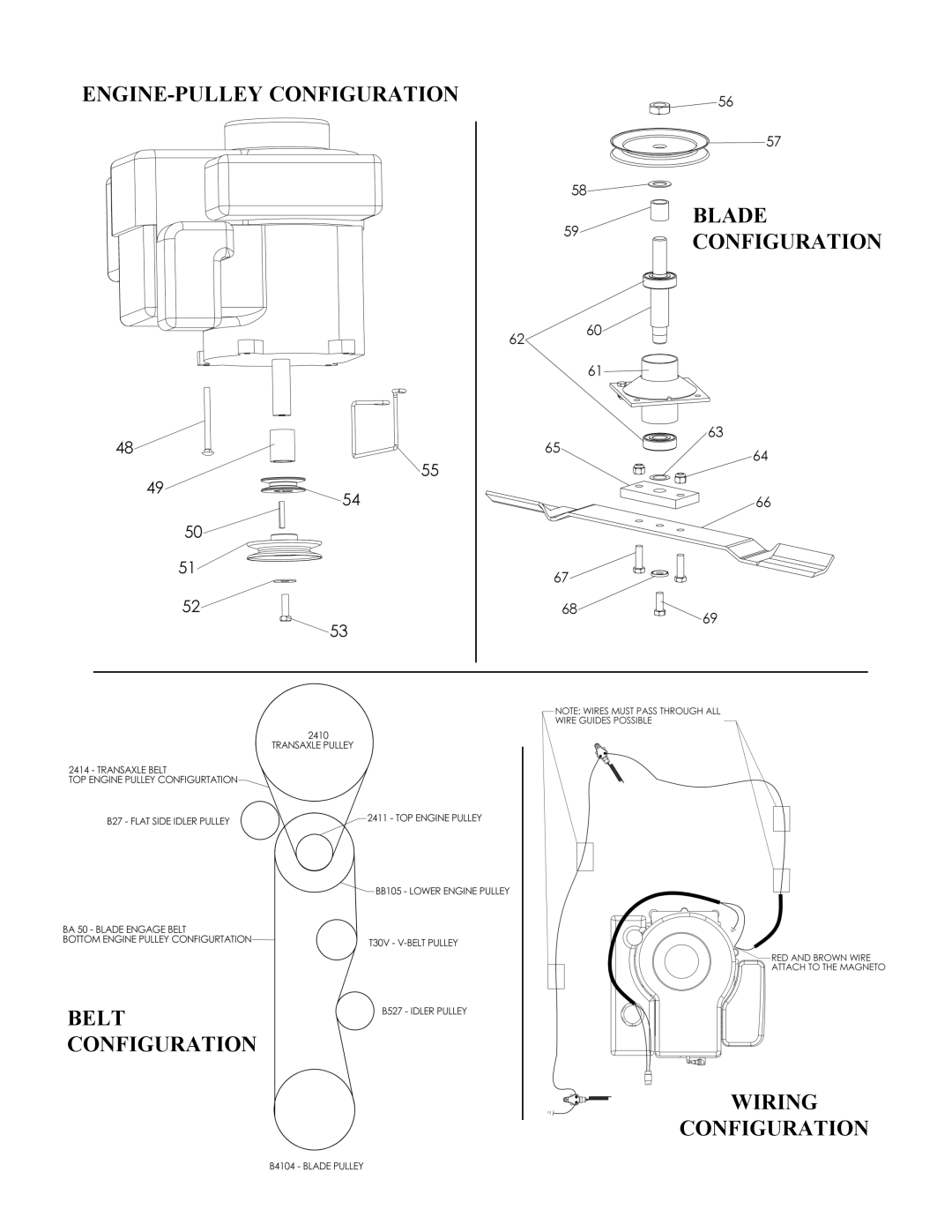 Swisher WB924 owner manual Engine-Pulleyconfiguration Blade Configuration, Belt Configuration Wiring Configuration 