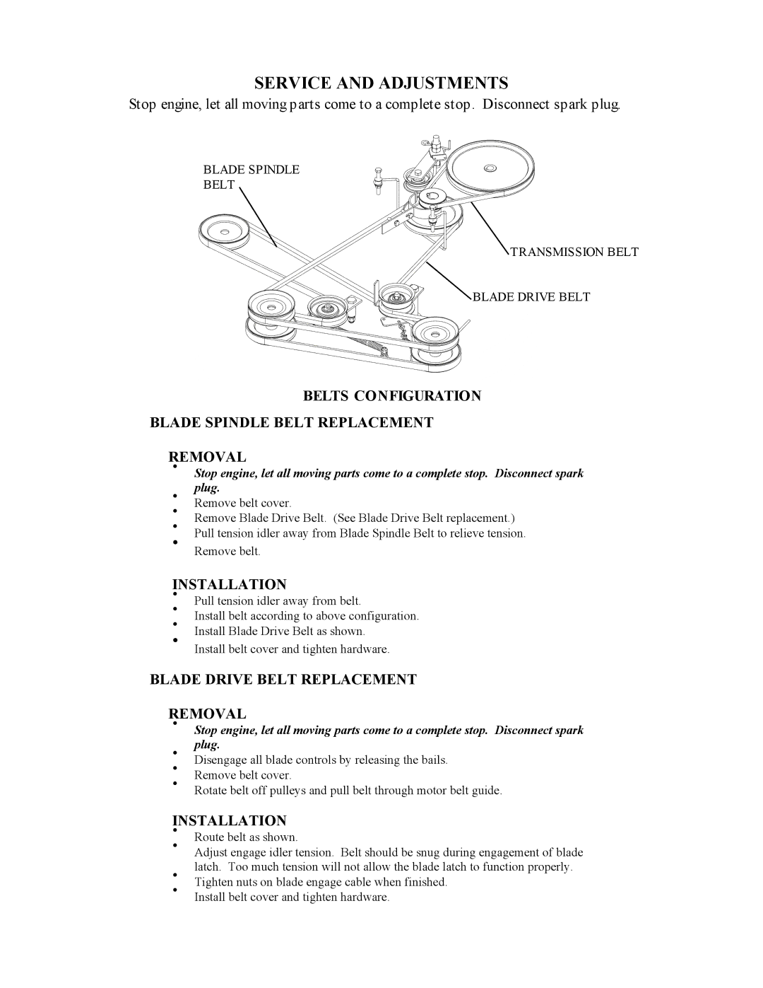 Swisher WB942 owner manual Service and Adjustments, Belts Configuration Blade Spindle Belt Replacement Removal 