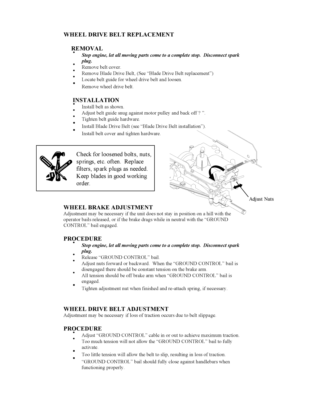 Swisher WB942 owner manual Wheel Drive Belt Adjustment 