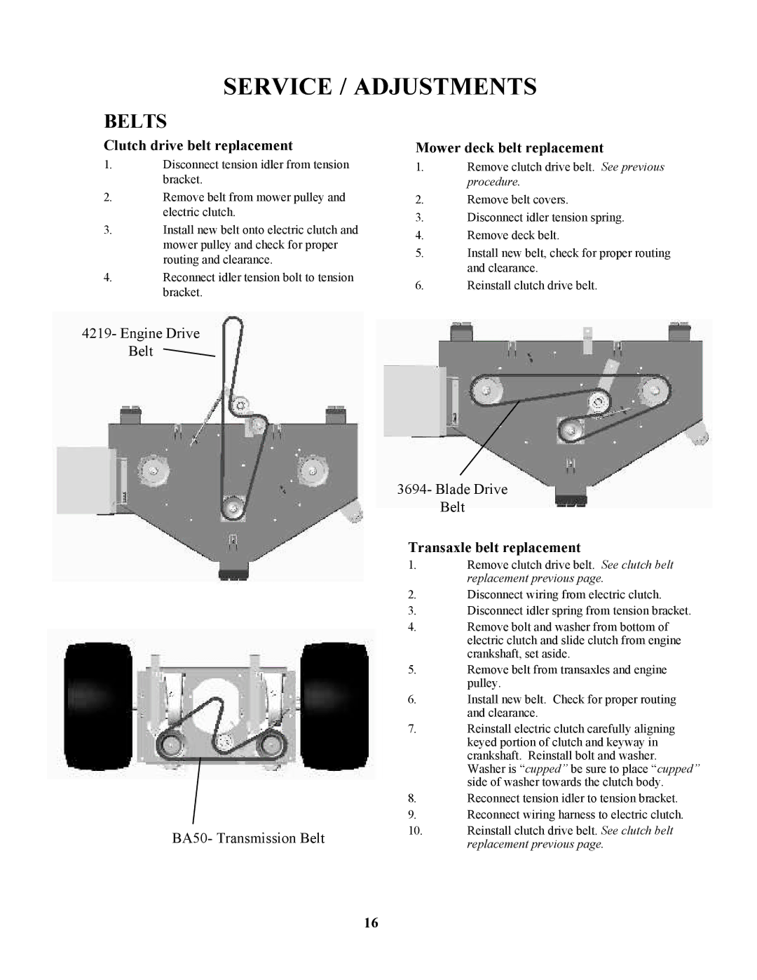 Swisher ZT20050, ZT13536, ZT17542B, ZT13536, ZT17542B, ZT20050 owner manual Belts, Clutch drive belt replacement 