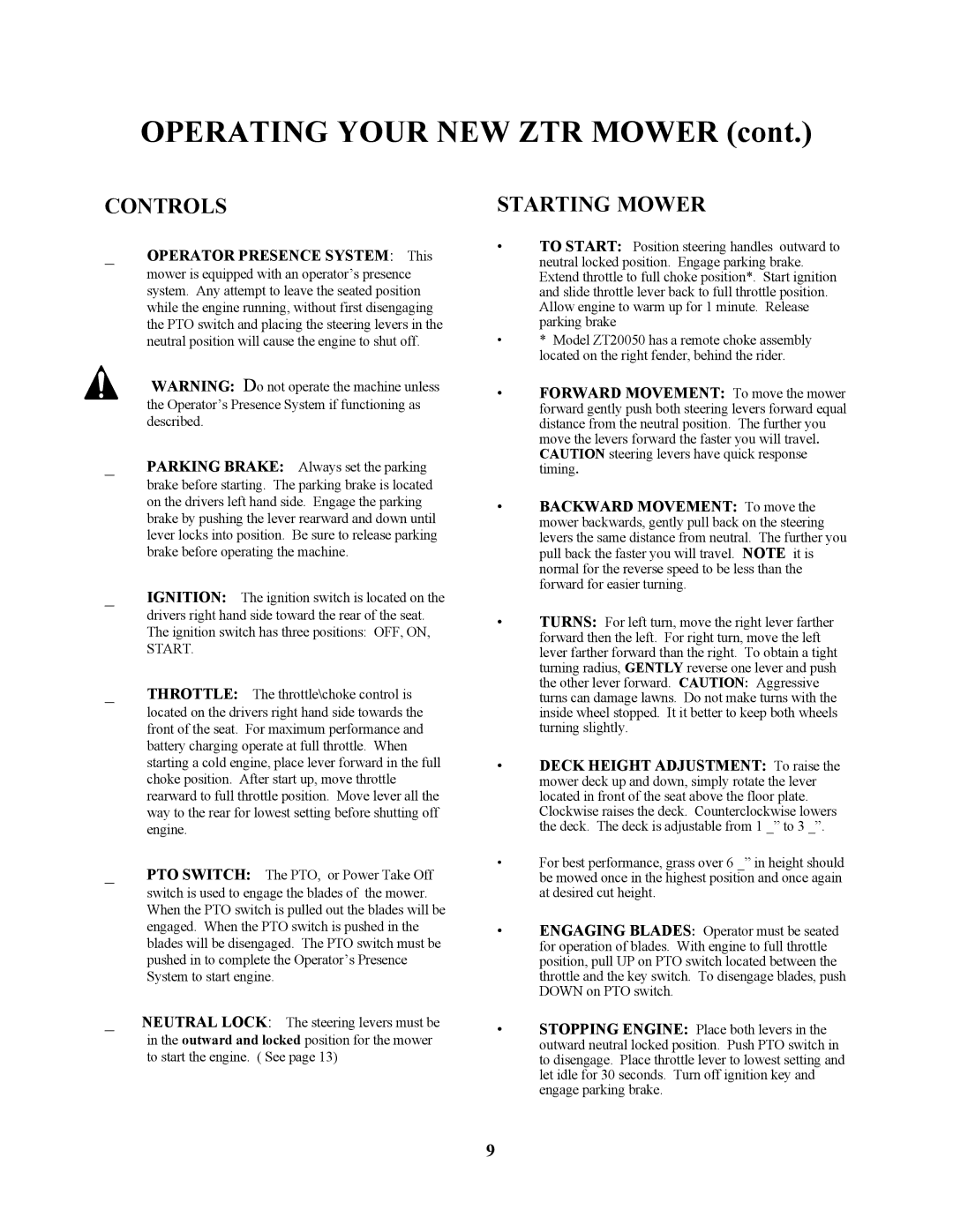 Swisher ZT13536, ZT17542B, ZT20050, ZT20050, ZT13536, ZT17542B, ZT17542B, ZT13536, ZT20050 Controls, Starting Mower 