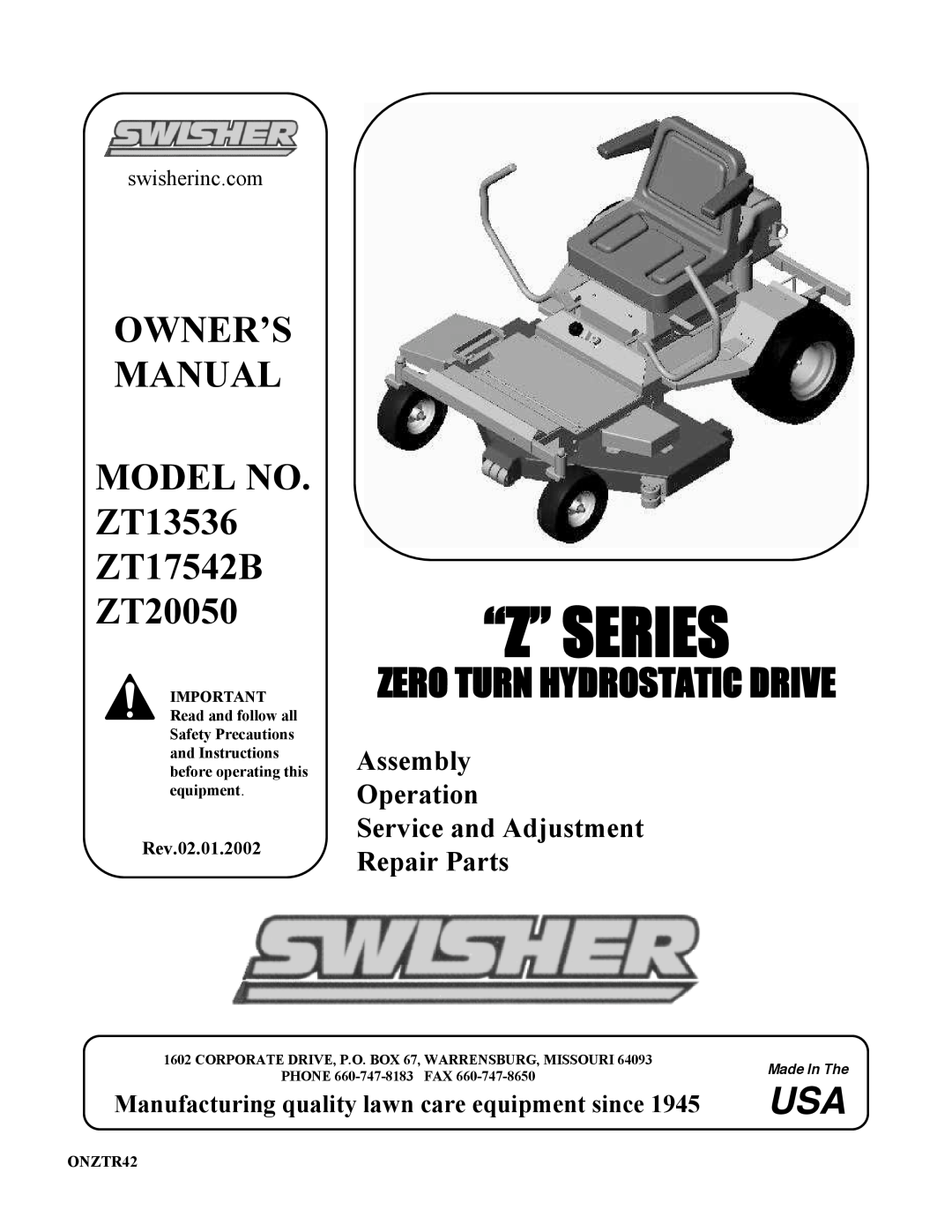 Swisher ZT20050, ZT13536, ZT17542B owner manual “Z” Series, Manufacturing quality lawn care equipment since, Repair Parts 
