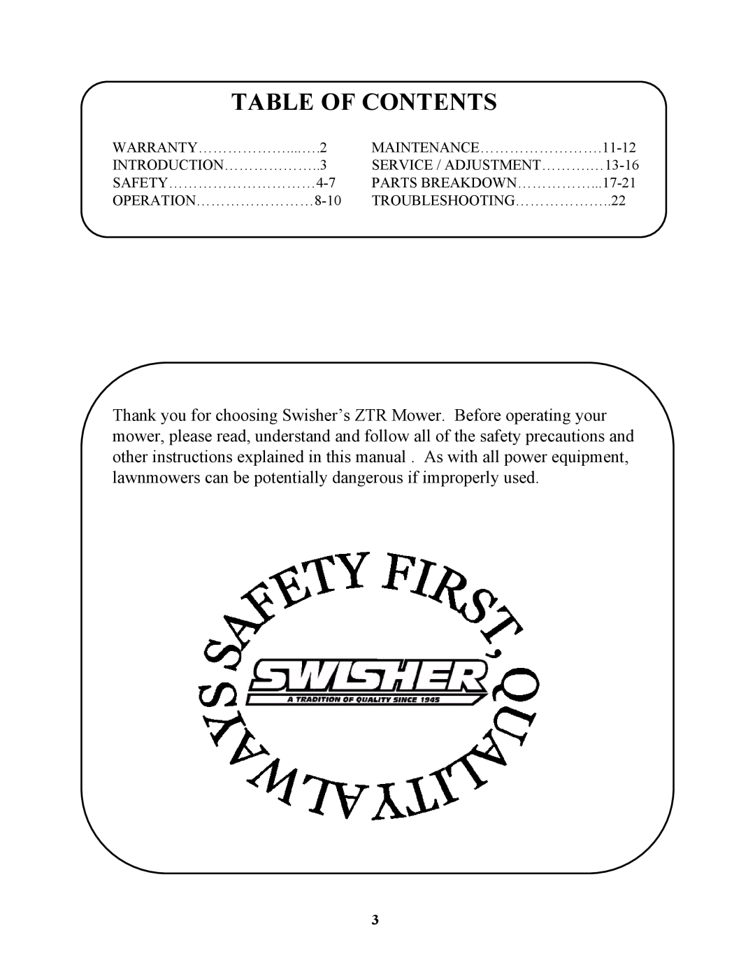 Swisher ZT13536, ZT17542B, ZT20050 owner manual Table Of Contents, WARRANTY………………....….2, MAINTENANCE…………………….11-12 