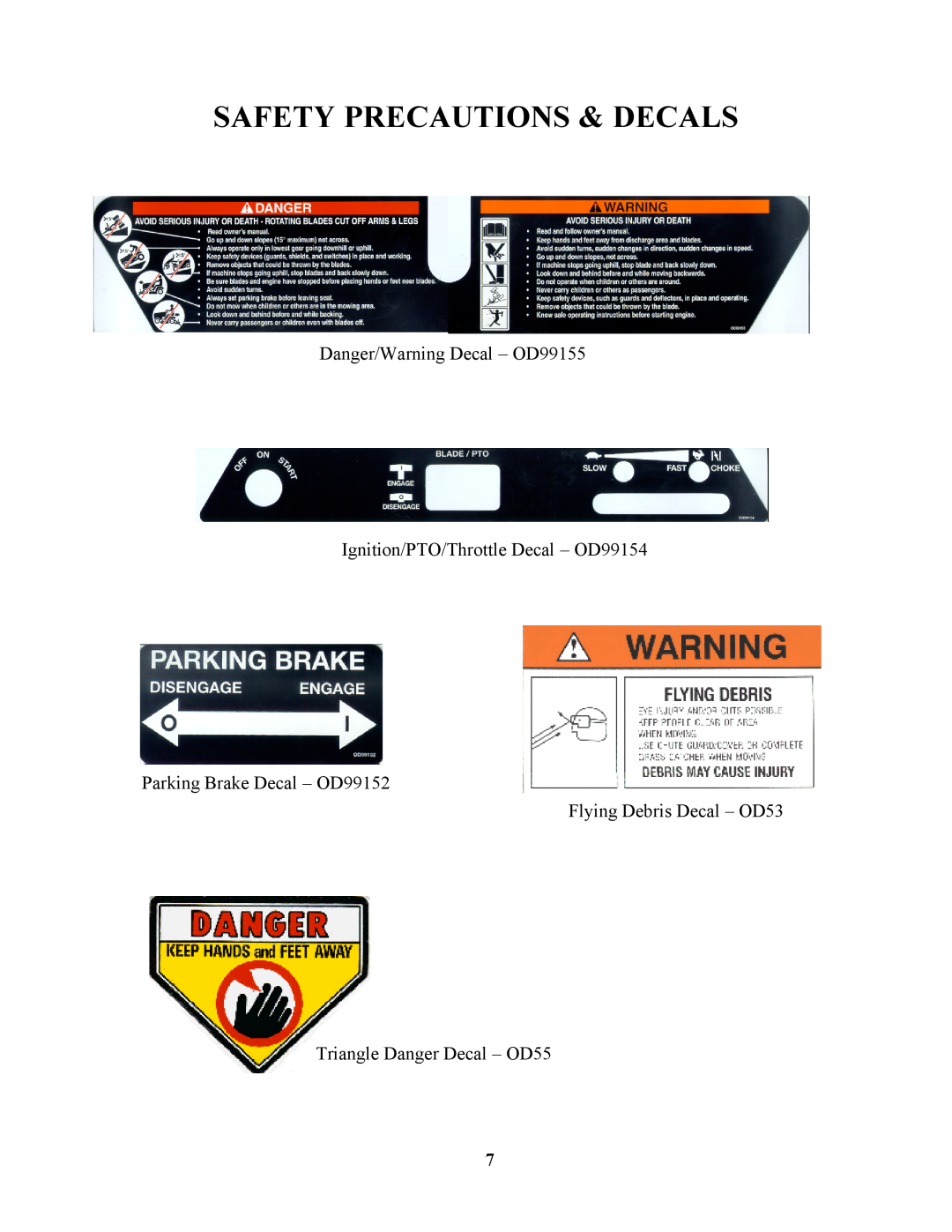 Swisher ZT20050, ZT13536, ZT17542B Safety Precautions & Decals, Danger/Warning Decal - OD99155, Flying Debris Decal - OD53 