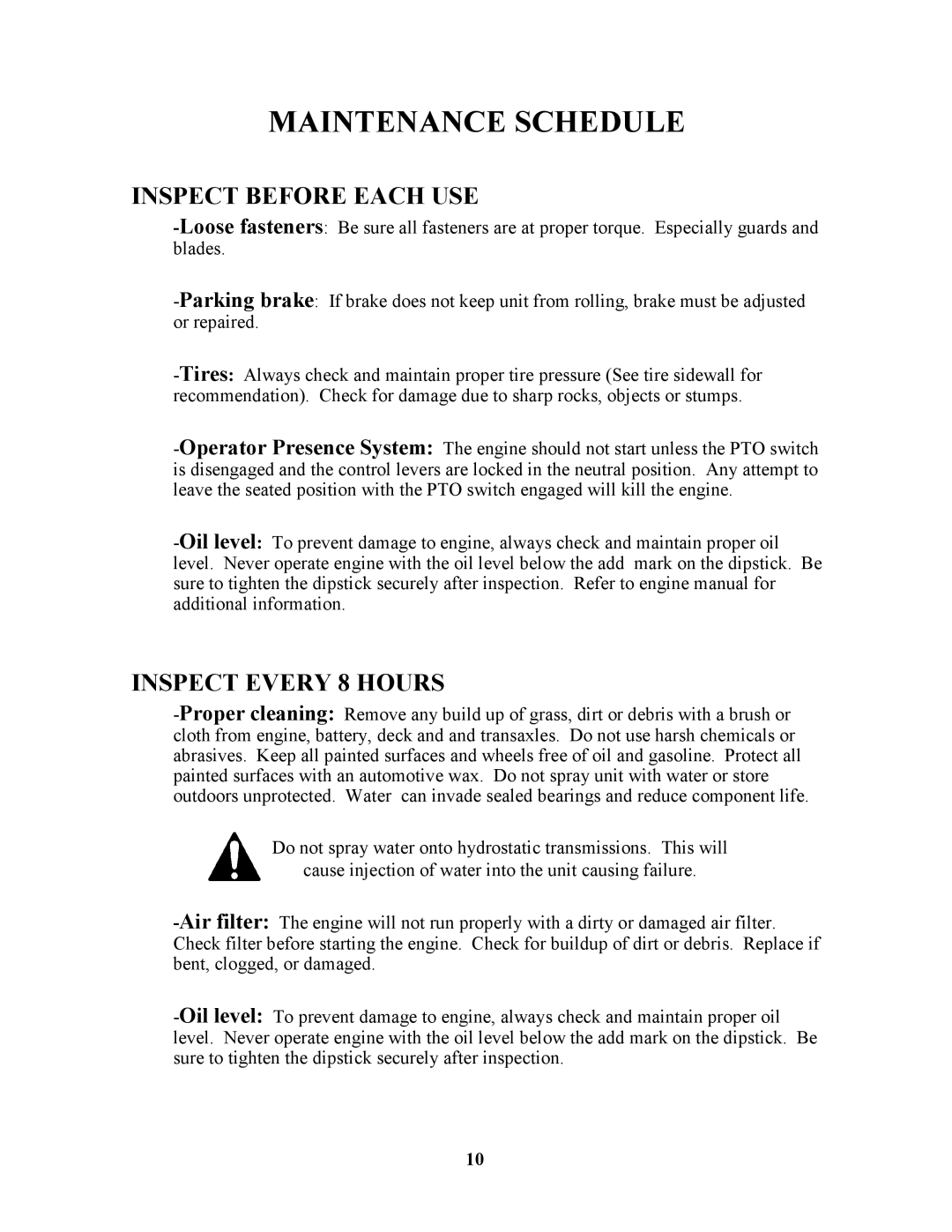 Swisher ZT1436, ZT17542B, ZT1842, ZT20050 owner manual Maintenance Schedule, Inspect Before Each USE 