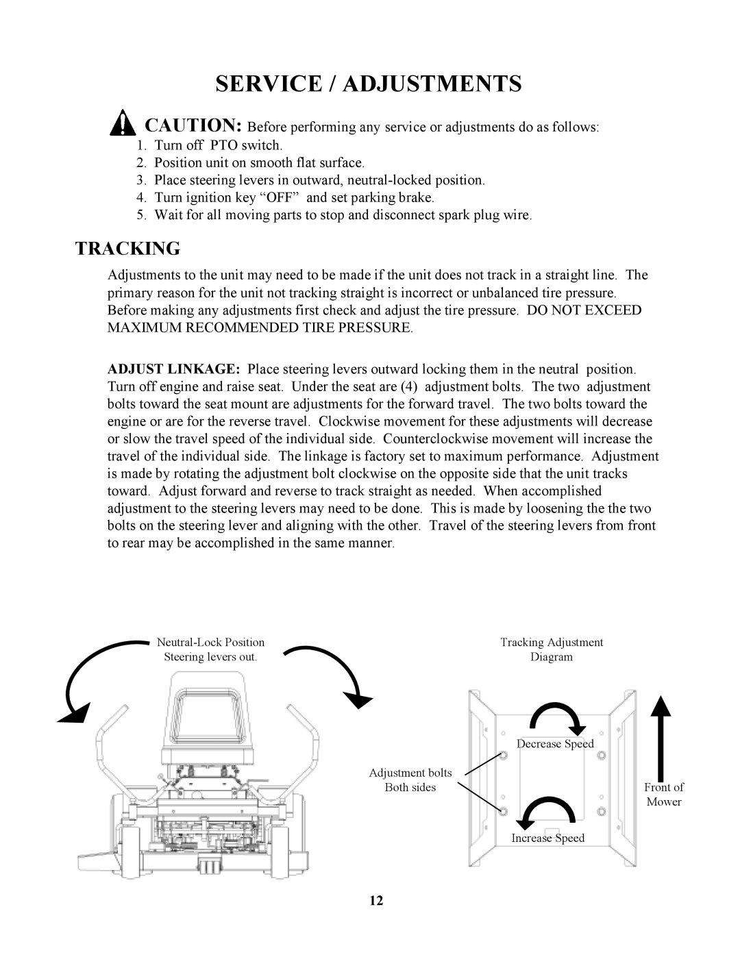 Swisher ZT1436, ZT17542B, ZT1842, ZT20050 owner manual Service / Adjustments, Tracking 