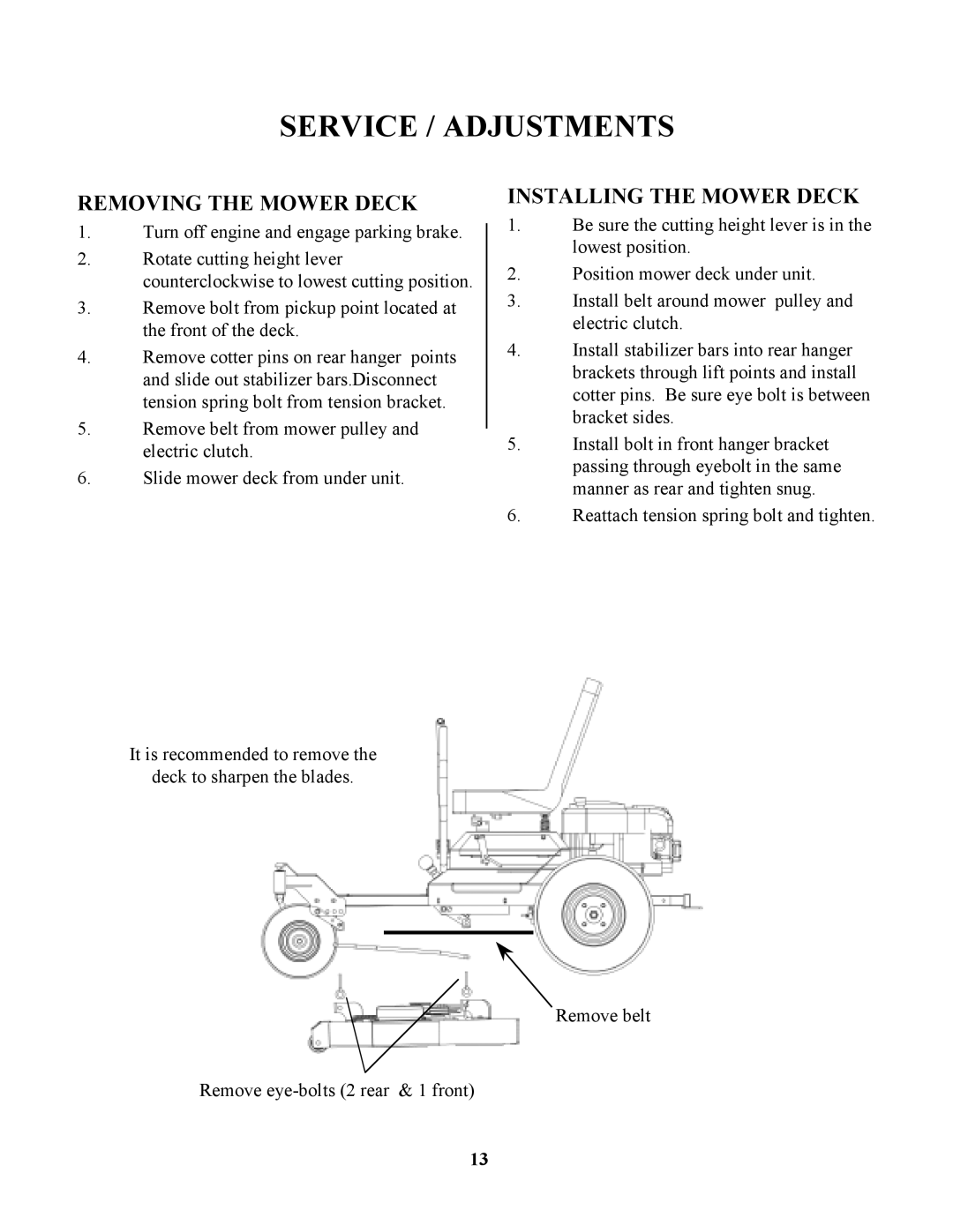 Swisher ZT1436, ZT17542B, ZT1842, ZT20050 owner manual Removing the Mower Deck 