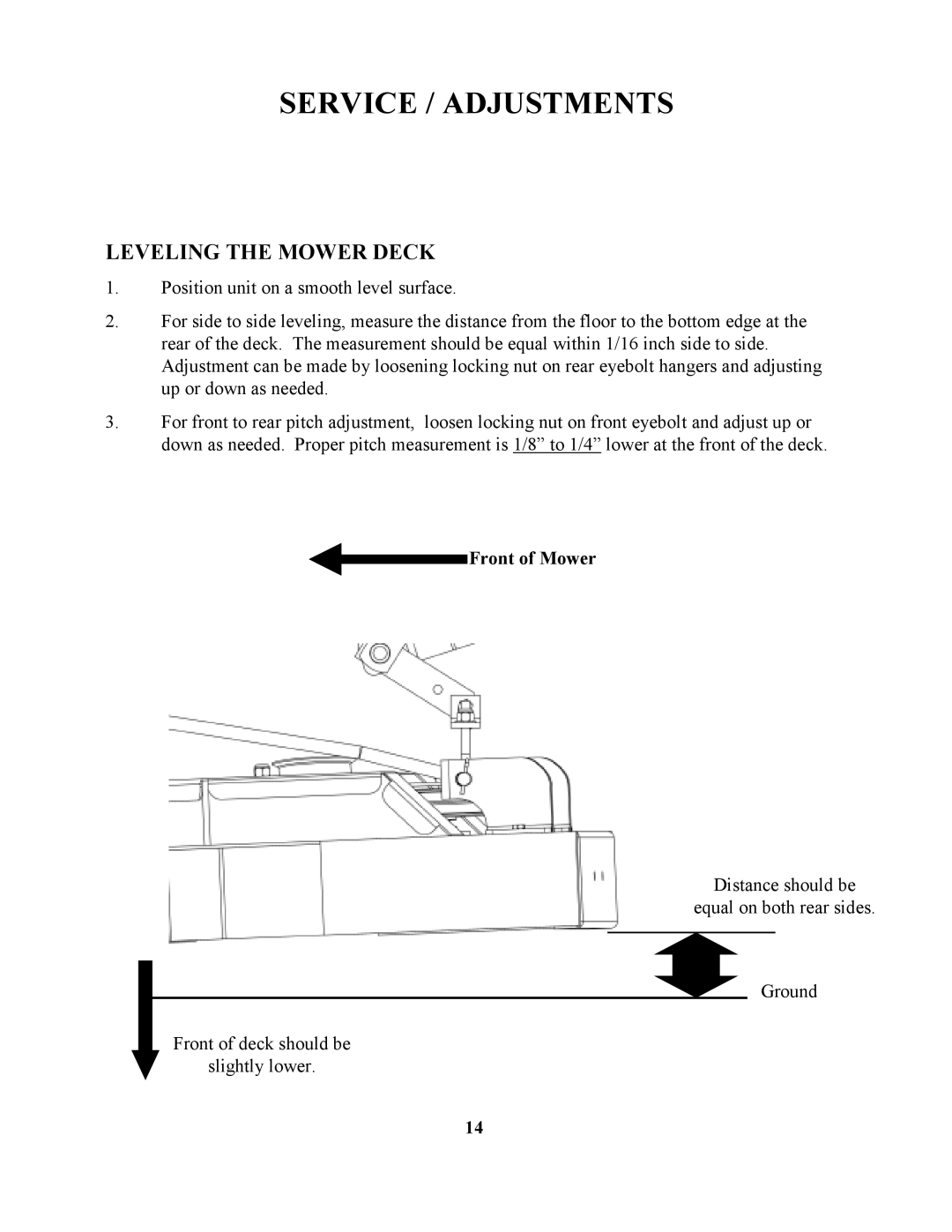 Swisher ZT1436, ZT17542B, ZT1842, ZT20050 owner manual Leveling the Mower Deck 