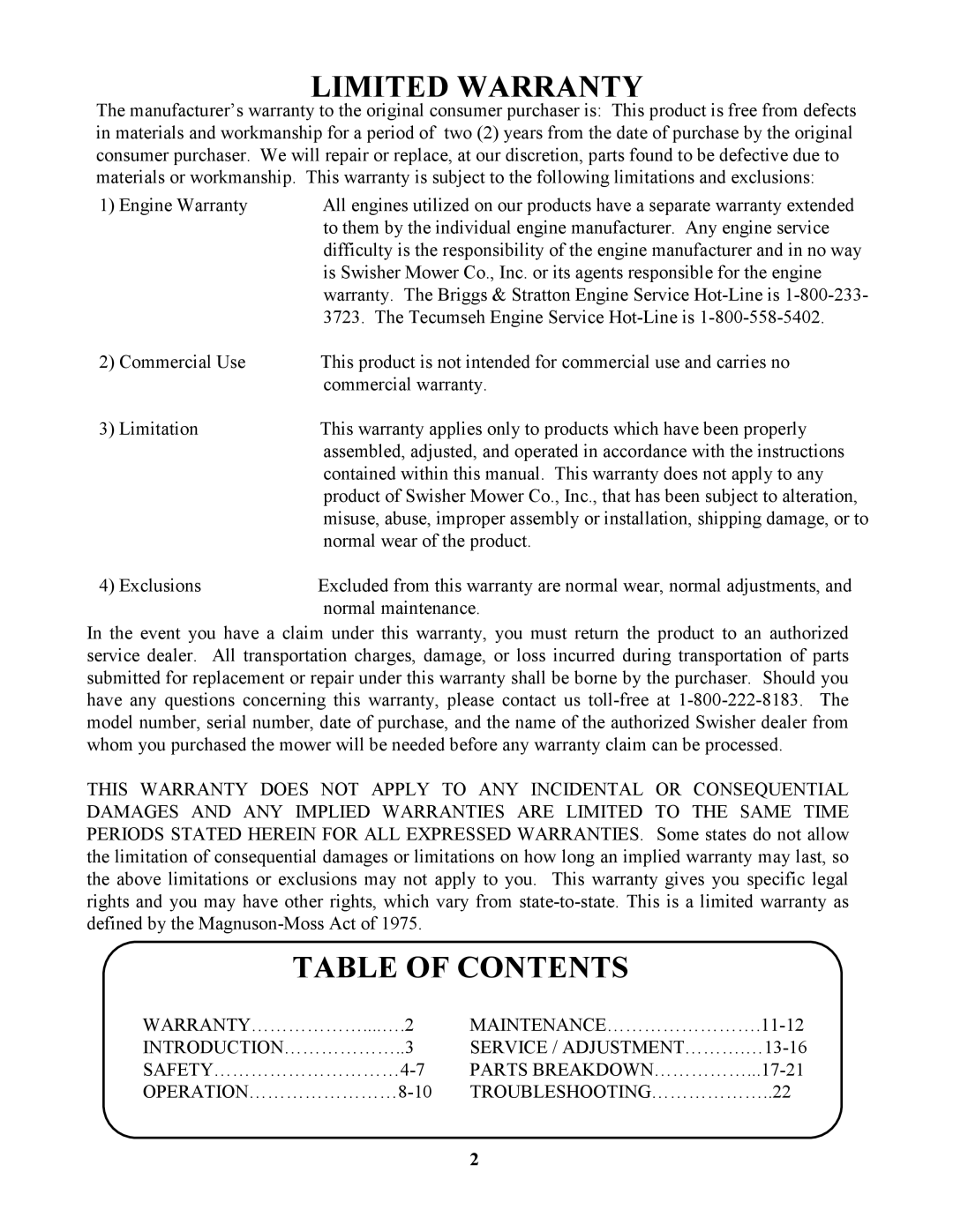 Swisher ZT1436, ZT17542B, ZT1842, ZT20050 owner manual Limited Warranty, Table of Contents 