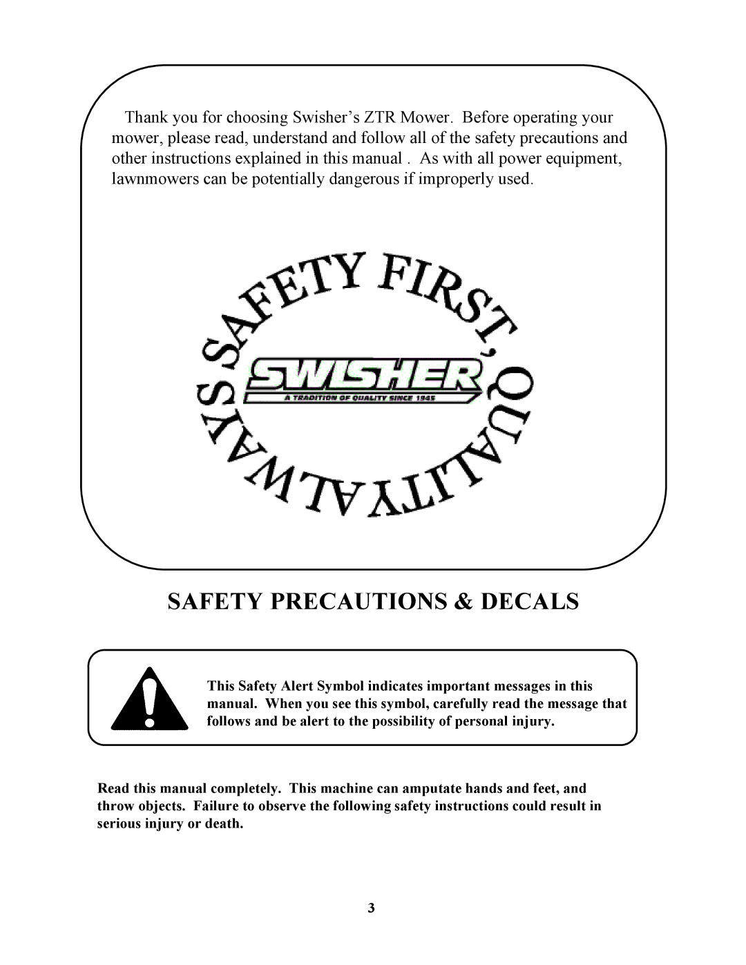 Swisher ZT1436, ZT17542B, ZT1842, ZT20050 owner manual Safety Precautions & Decals 