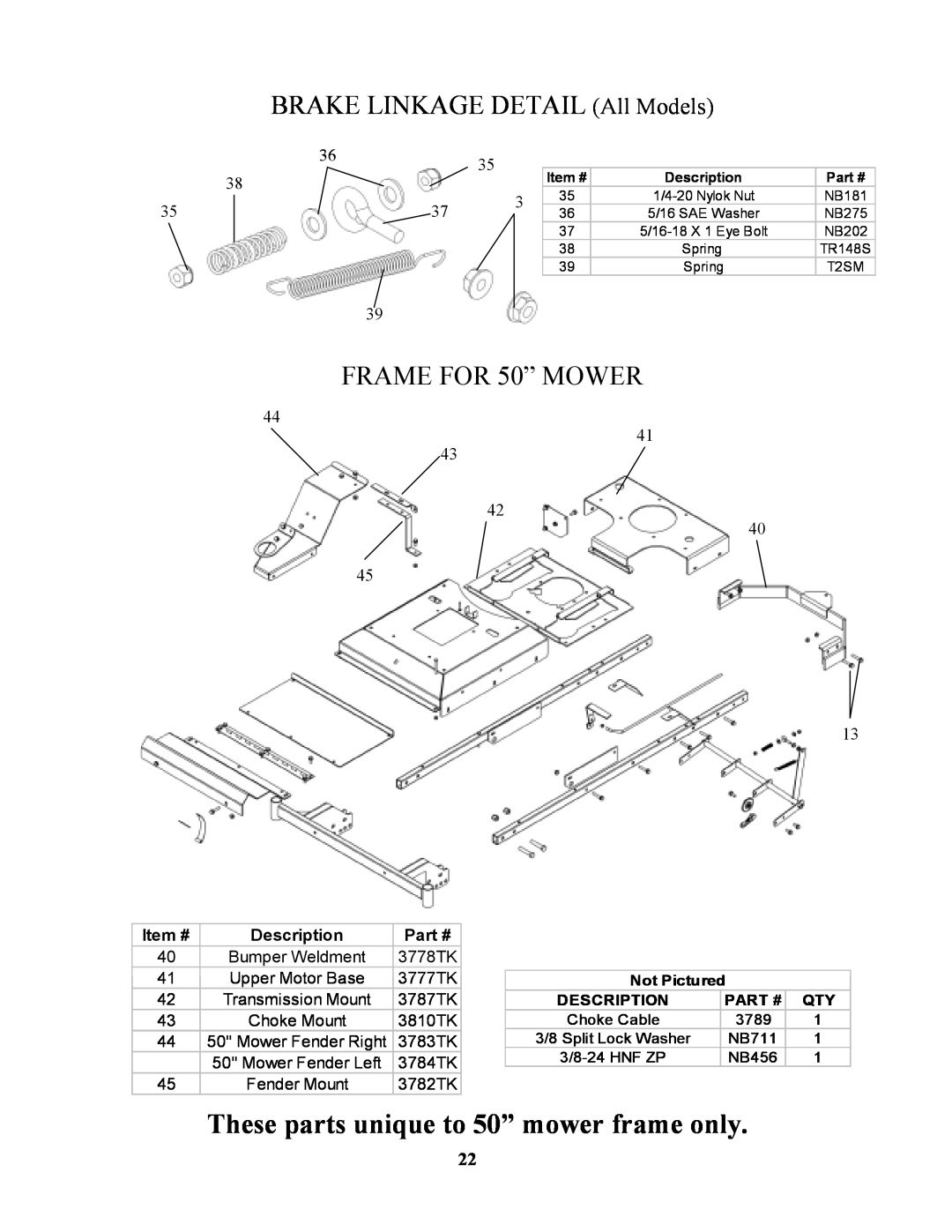 Swisher ZT1436, ZT17542B, ZT1842, ZT20050 These parts unique to 50” mower frame only, BRAKE LINKAGE DETAIL All Models 