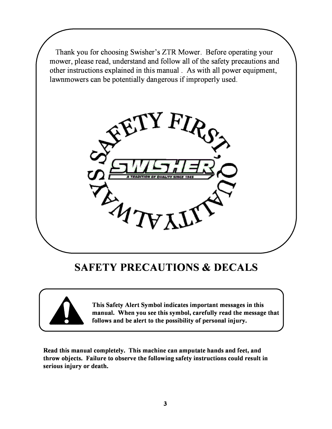 Swisher ZT1436, ZT17542B, ZT1842, ZT20050 owner manual Safety Precautions & Decals 
