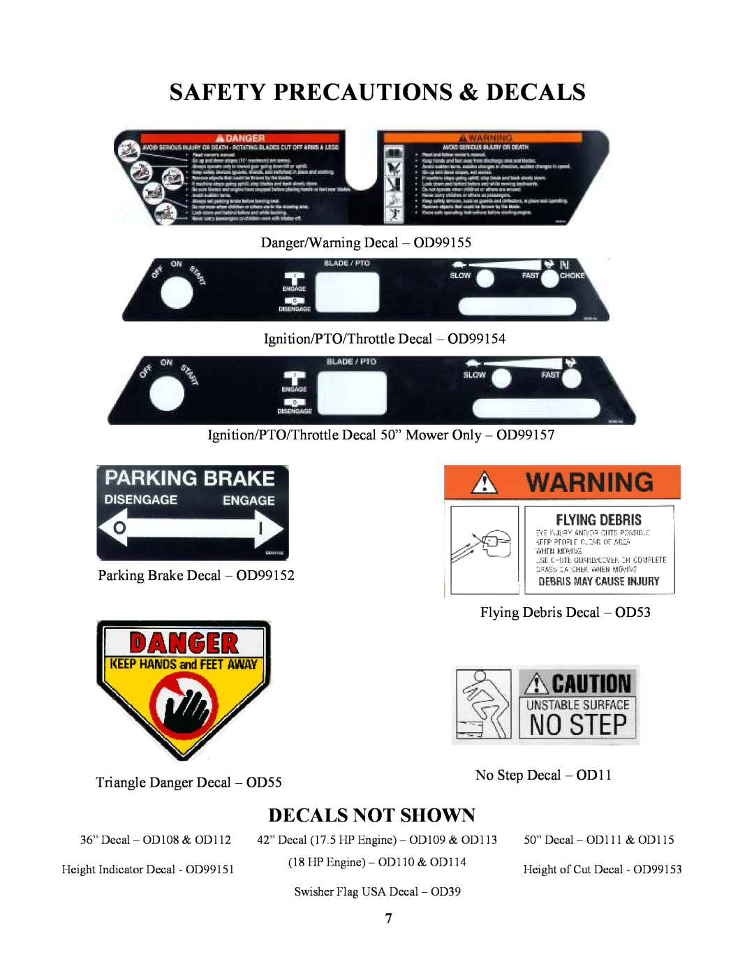 Swisher ZT1436, ZT17542B, ZT1842, ZT20050 owner manual Decals Not Shown, Safety Precautions & Decals 