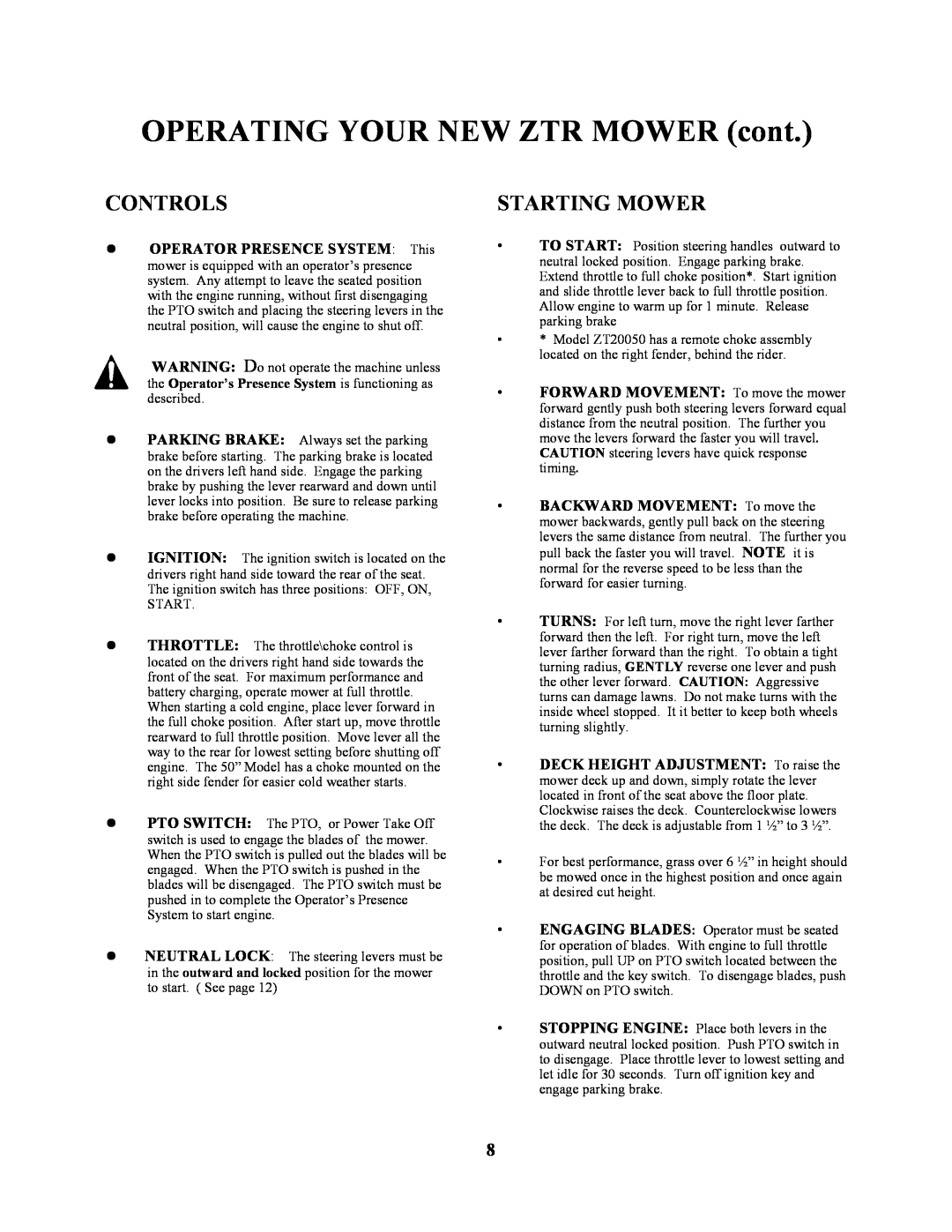 Swisher ZT1436, ZT17542B, ZT1842, ZT20050 owner manual OPERATING YOUR NEW ZTR MOWER cont, Controls, Starting Mower 