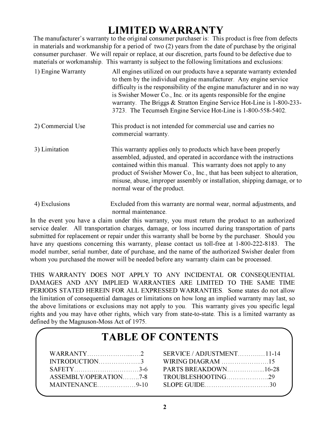 Swisher ZT2250, ZT1436B, ZT18542, ZT1436B, ZT18542, ZT2250, ZT18542, ZT1436B, ZT2250 Limited Warranty, Table of Contents 