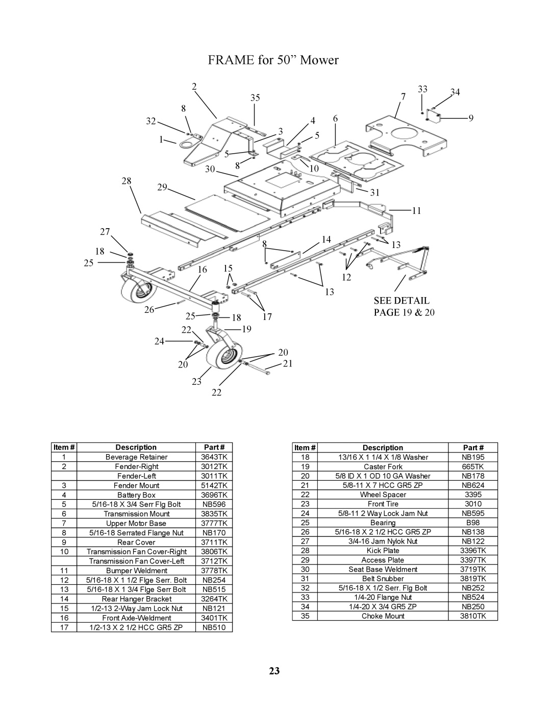 Swisher ZT2250, ZT1436B, ZT18542, ZT1436B, ZT18542, ZT2250, ZT18542, ZT1436B, ZT2250 manual Frame for 50 Mower 