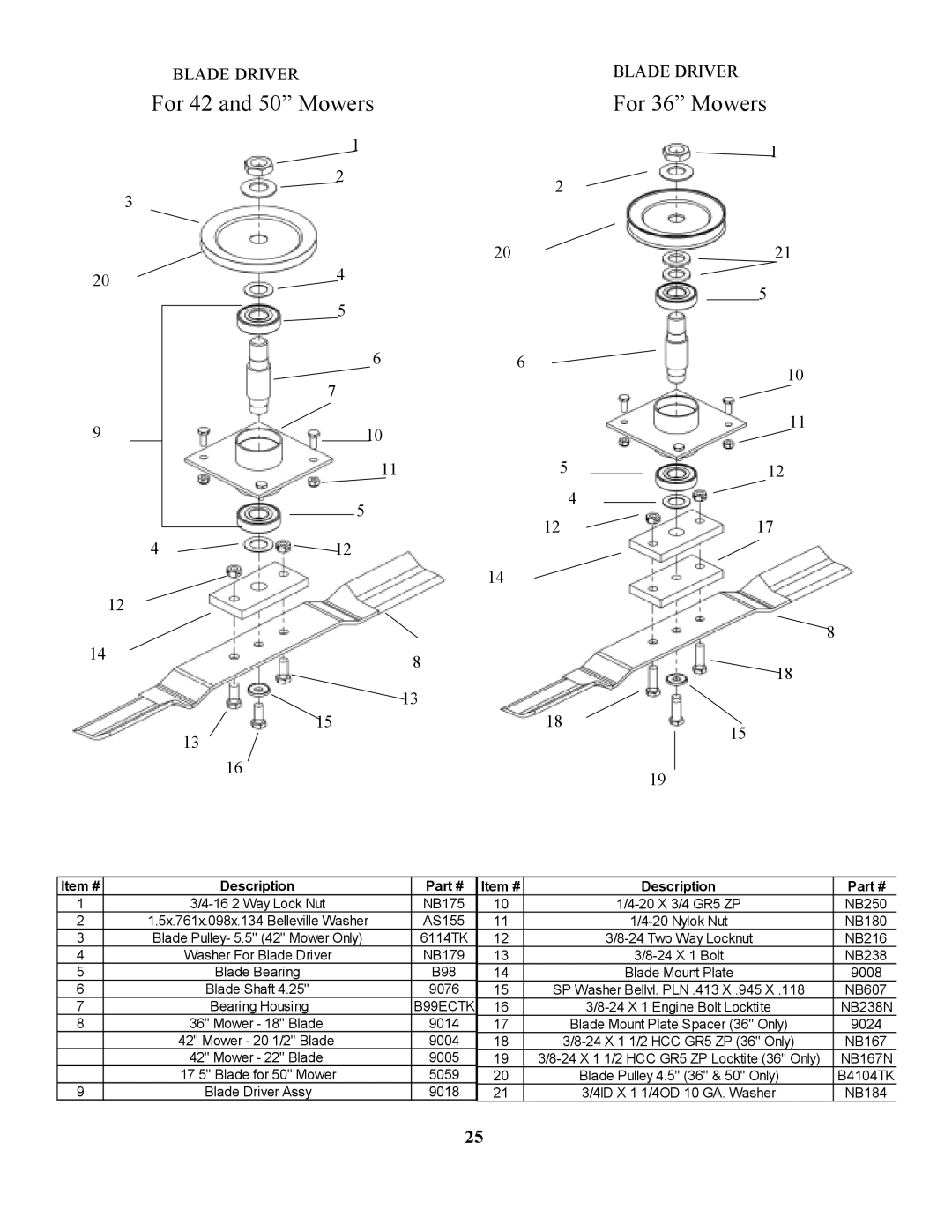 Swisher ZT18542, ZT1436B, ZT2250 manual For 42 and 50 Mowers For 36 Mowers, Blade Pulley- 5.5 42 Mower Only 6114TK 