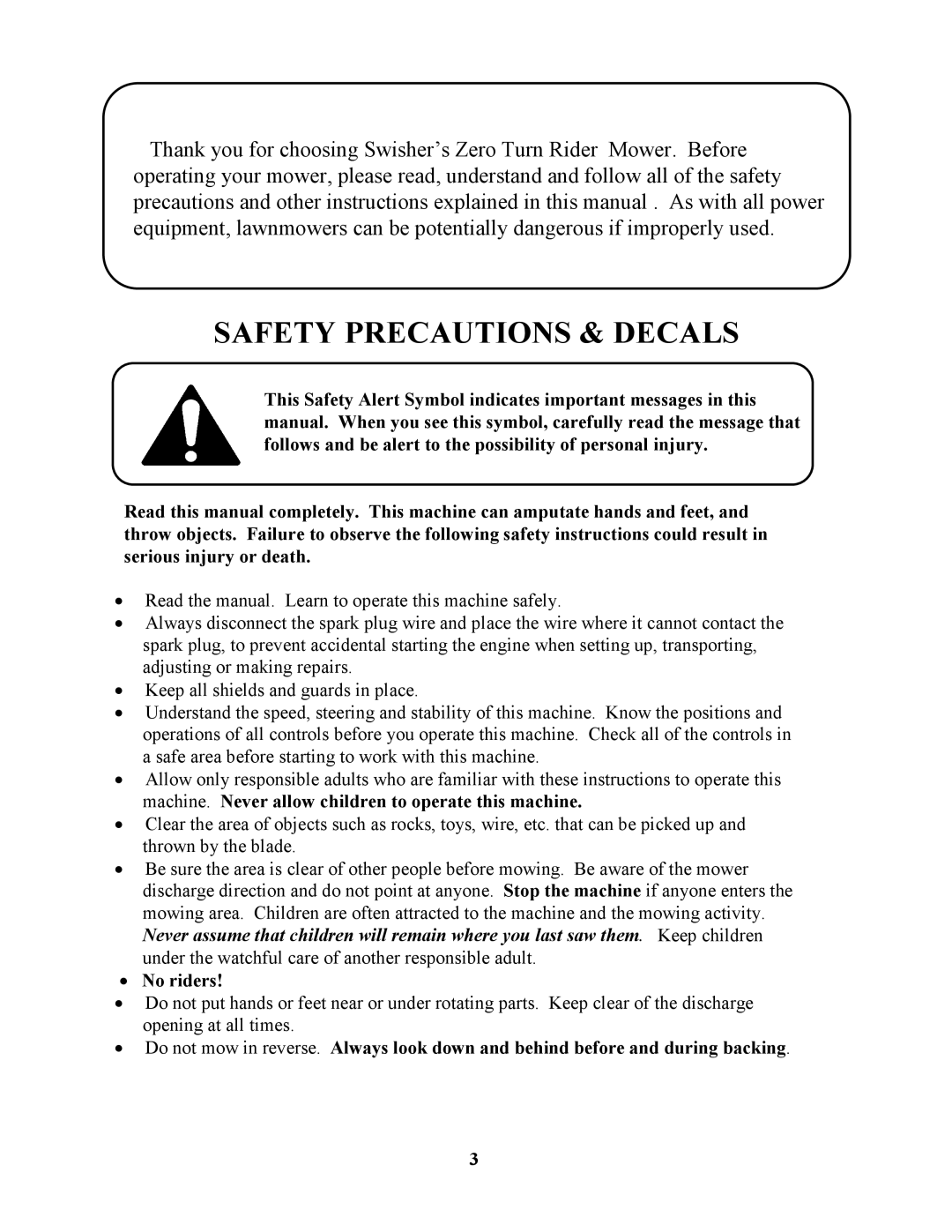 Swisher ZT1436B, ZT18542, ZT2250, ZT18542, ZT1436B, ZT2250, ZT2250, ZT1436B, ZT18542 manual Safety Precautions & Decals 