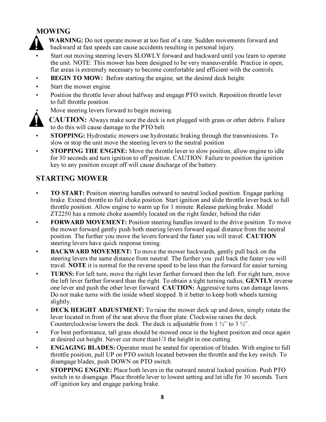 Swisher ZT2250, ZT1436B, ZT18542, ZT1436B, ZT18542, ZT2250, ZT18542, ZT1436B, ZT2250 manual Mowing 