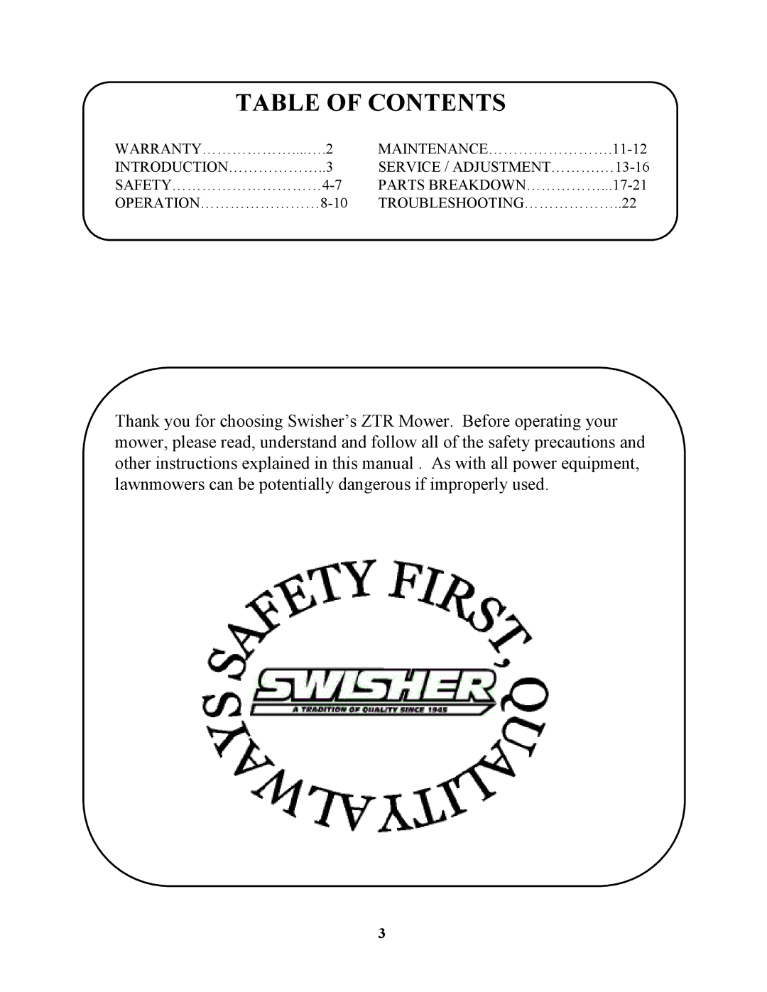 Swisher ZT17542 owner manual Table of Contents 