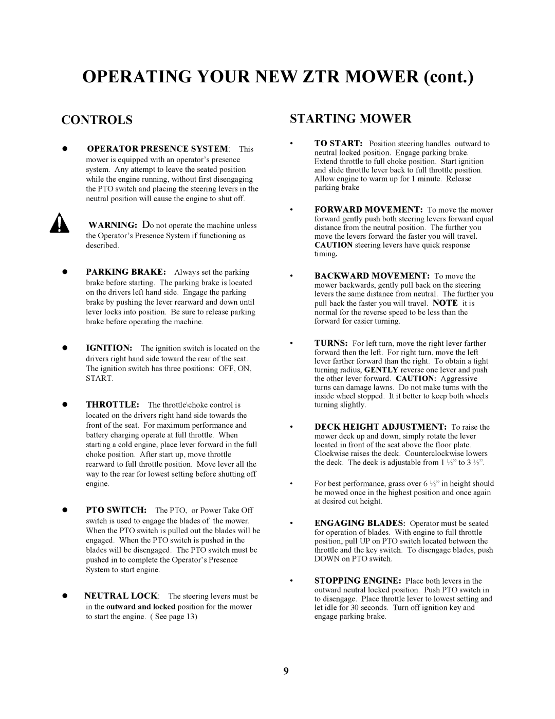 Swisher ZT17542 owner manual Controls, Starting Mower 