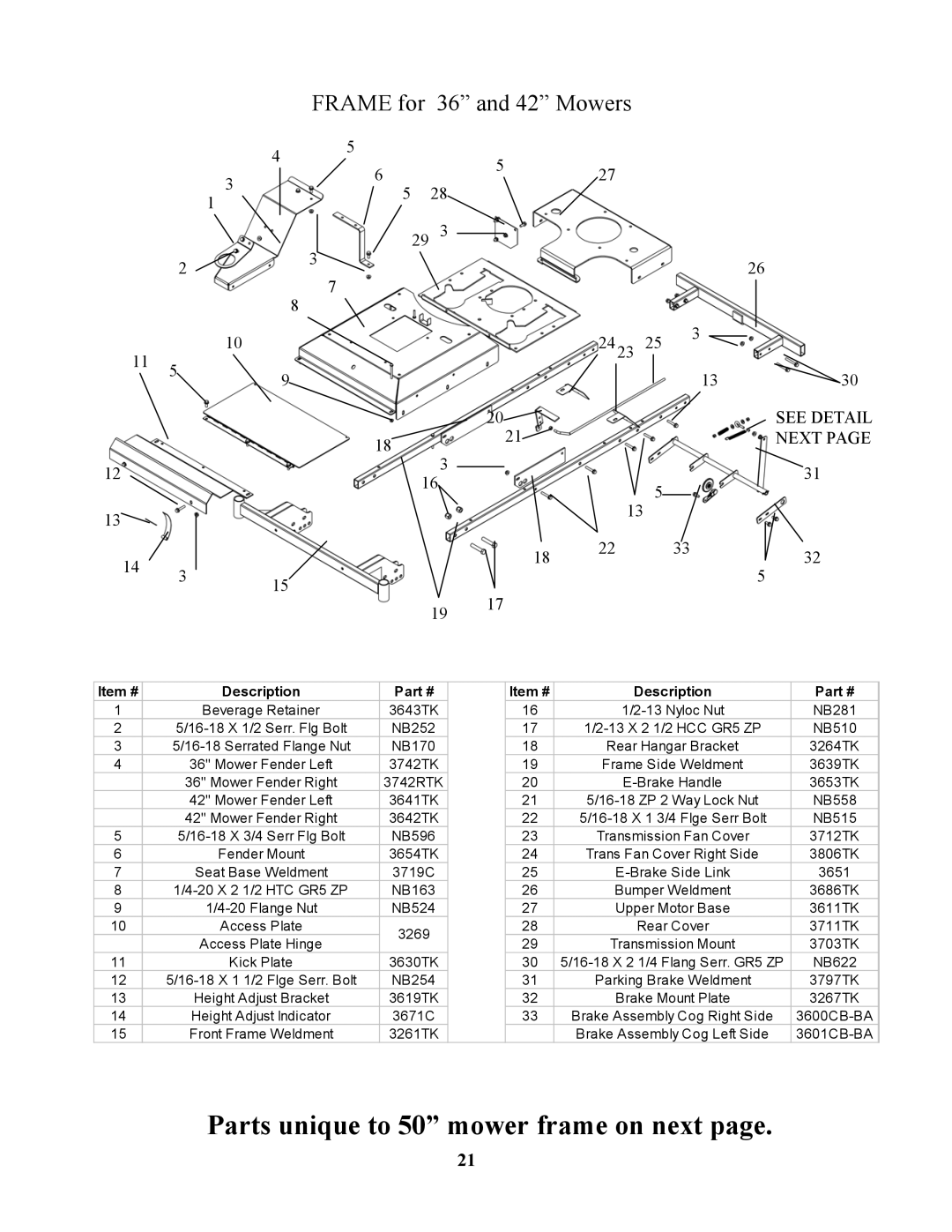 Swisher ZT17542B, ZT1436, ZT1842, ZT20050 owner manual Parts unique to 50 mower frame on next 