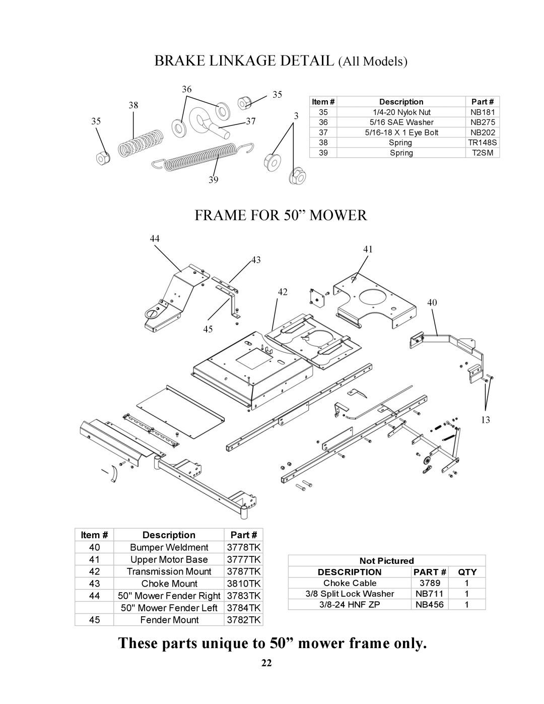 Swisher ZT17542B, ZT1436, ZT1842, ZT20050 owner manual These parts unique to 50 mower frame only 