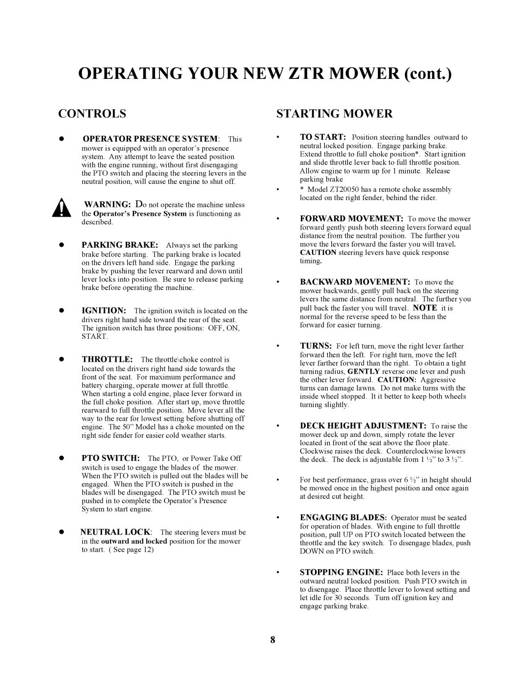 Swisher ZT17542B, ZT1436, ZT1842, ZT20050 owner manual Controls, Starting Mower 