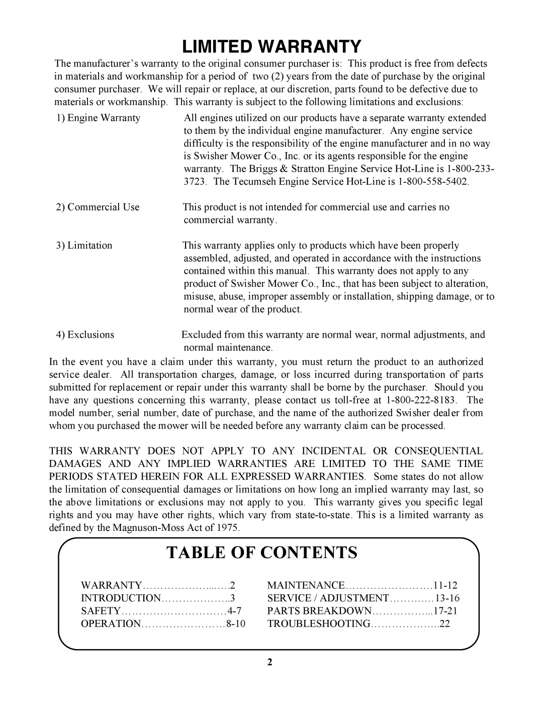 Swisher ZT20050, ZT1842, ZT17542B manual Limited Warranty, Table of Contents 