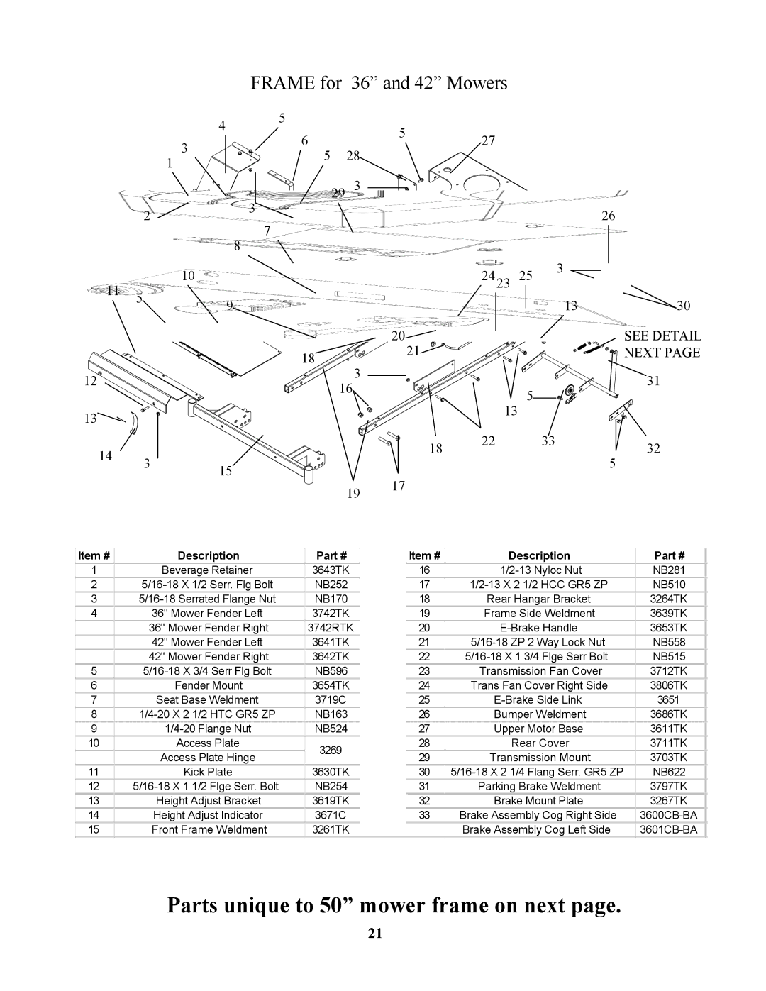 Swisher ZT1842, ZT17542B, ZT20050 manual Parts unique to 50 mower frame on next 