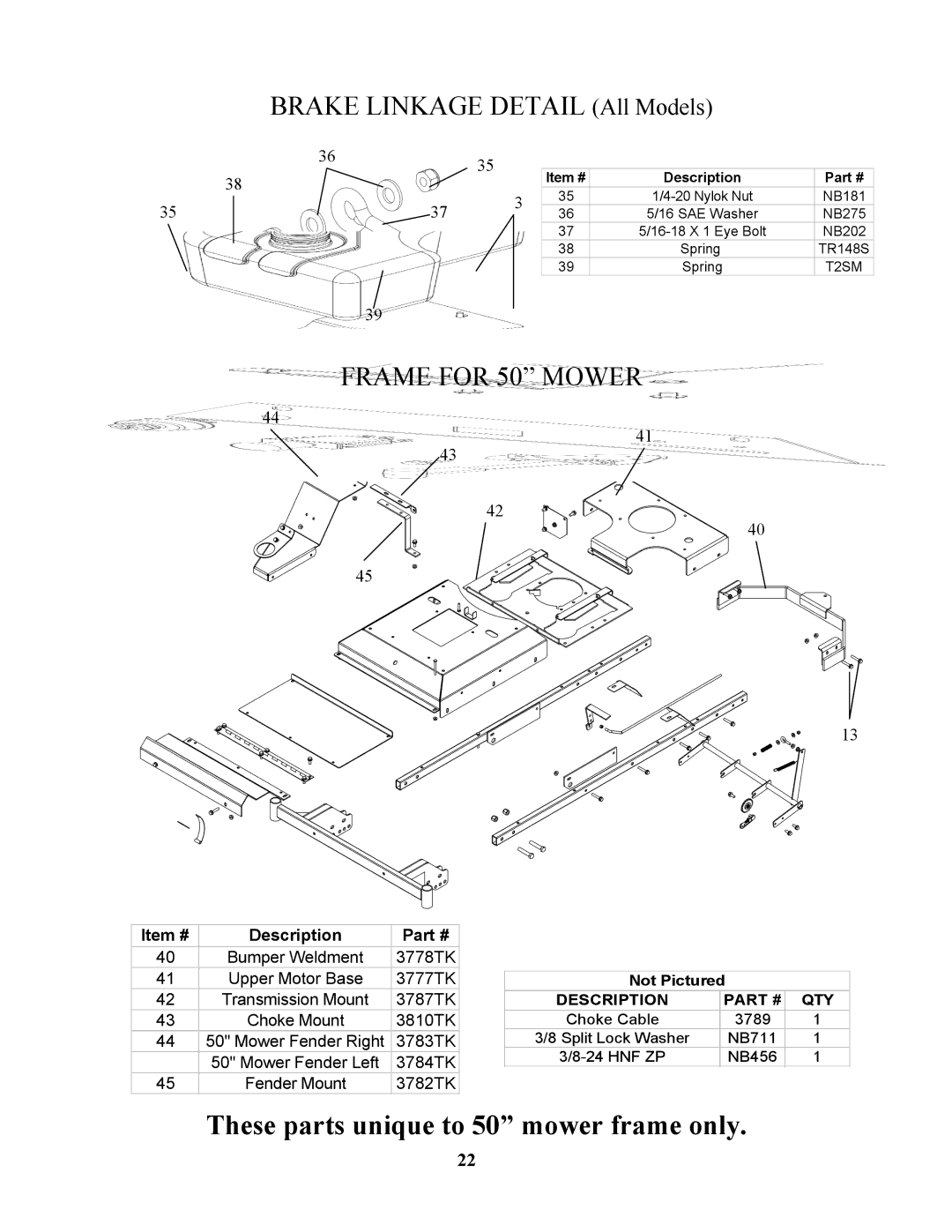 Swisher ZT17542B, ZT1842, ZT20050 manual These parts unique to 50 mower frame only 