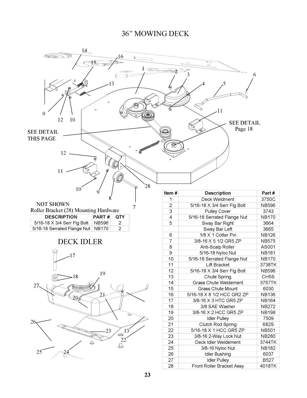 Swisher ZT20050, ZT1842, ZT17542B manual Mowing Deck, Deck Idler 