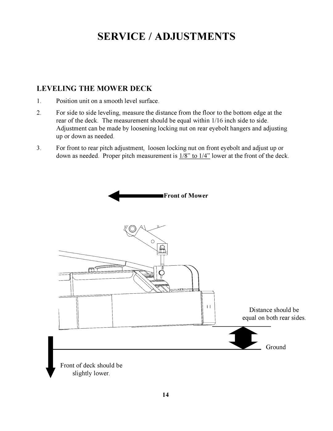 Swisher ZT20050, ZT1842, ZT17542B manual Leveling The Mower Deck, Service / Adjustments 
