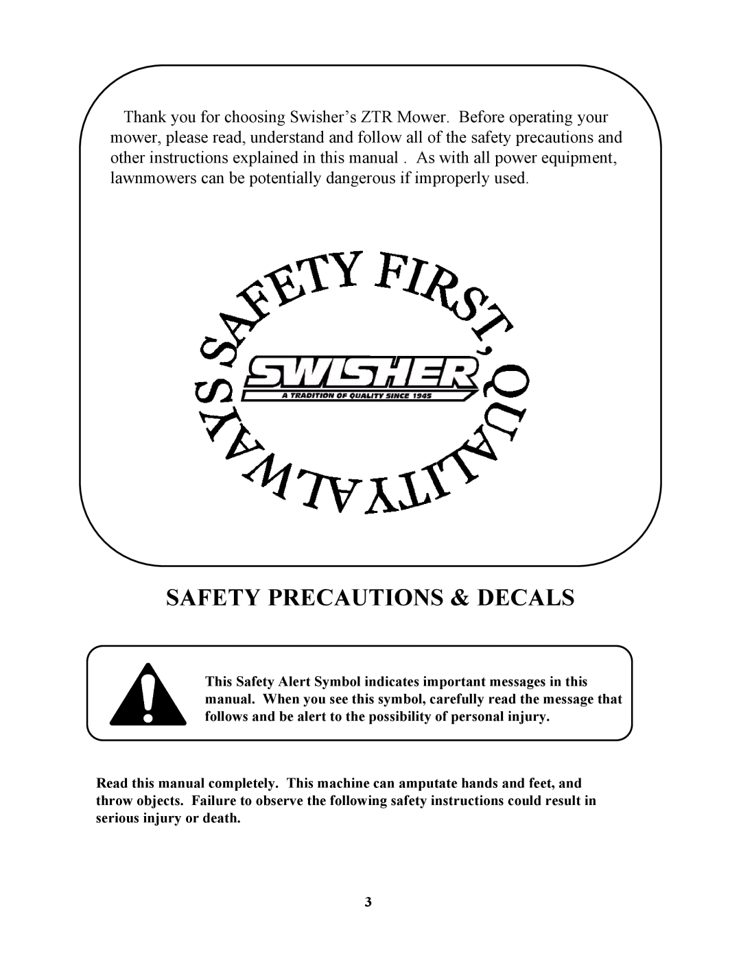 Swisher ZT1842, ZT17542B, ZT20050 manual Safety Precautions & Decals 