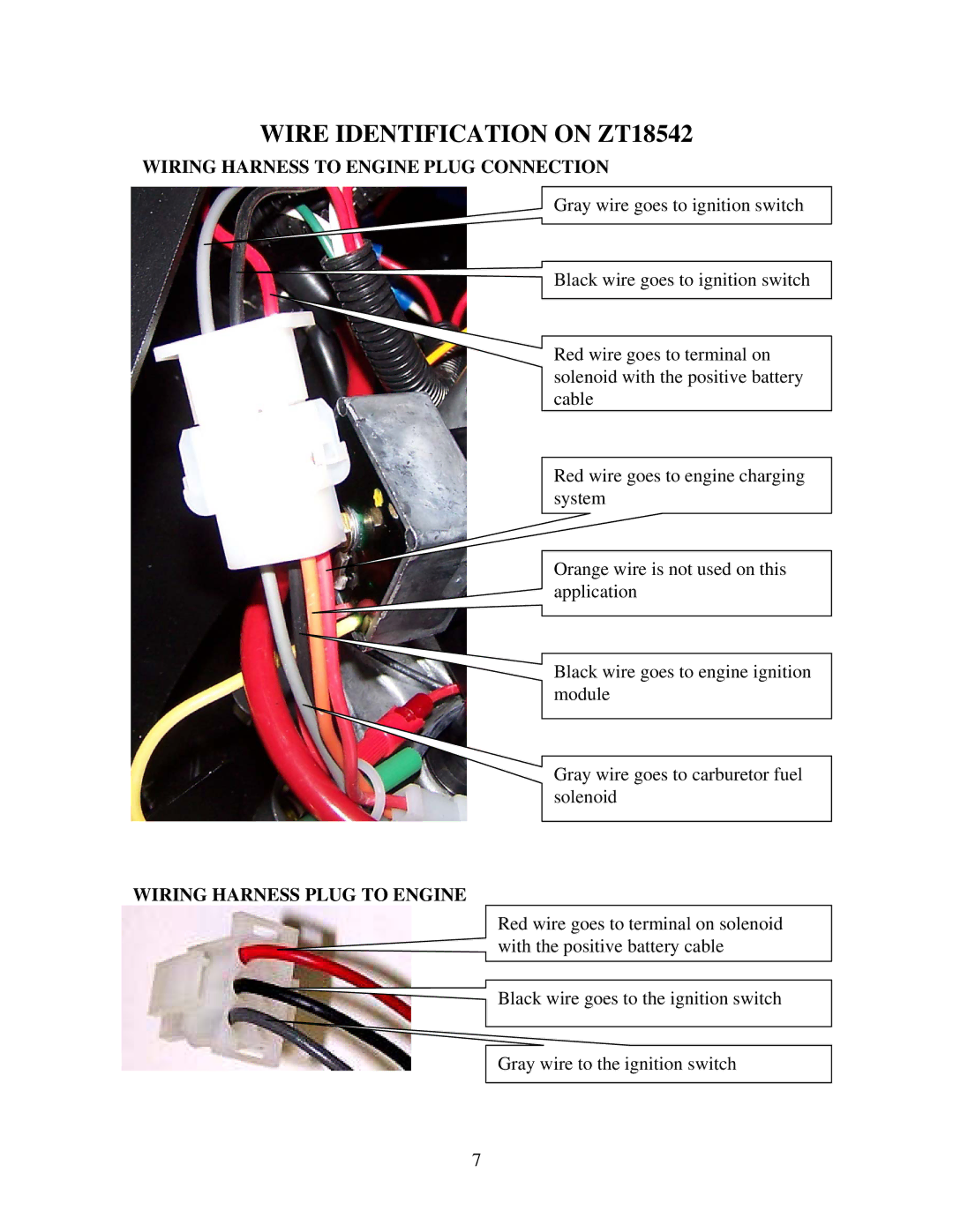 Swisher manual Wire Identification on ZT18542, Wiring Harness to Engine Plug Connection, Wiring Harness Plug to Engine 