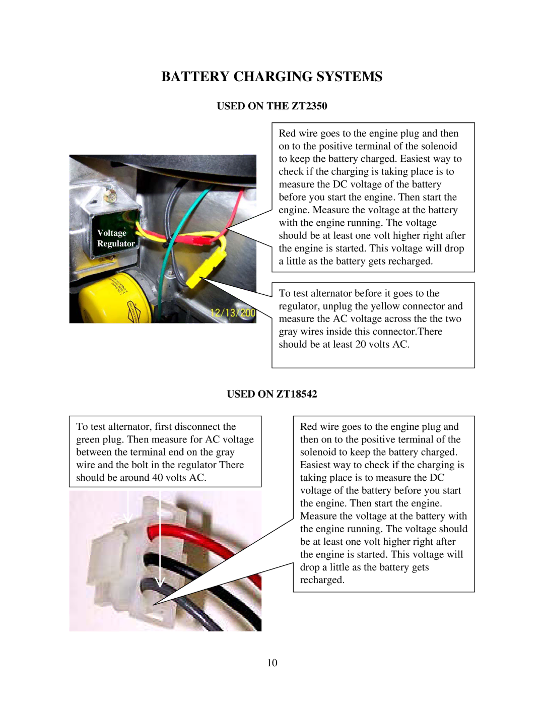 Swisher ZT18542 manual Battery Charging Systems, Used on the ZT2350 