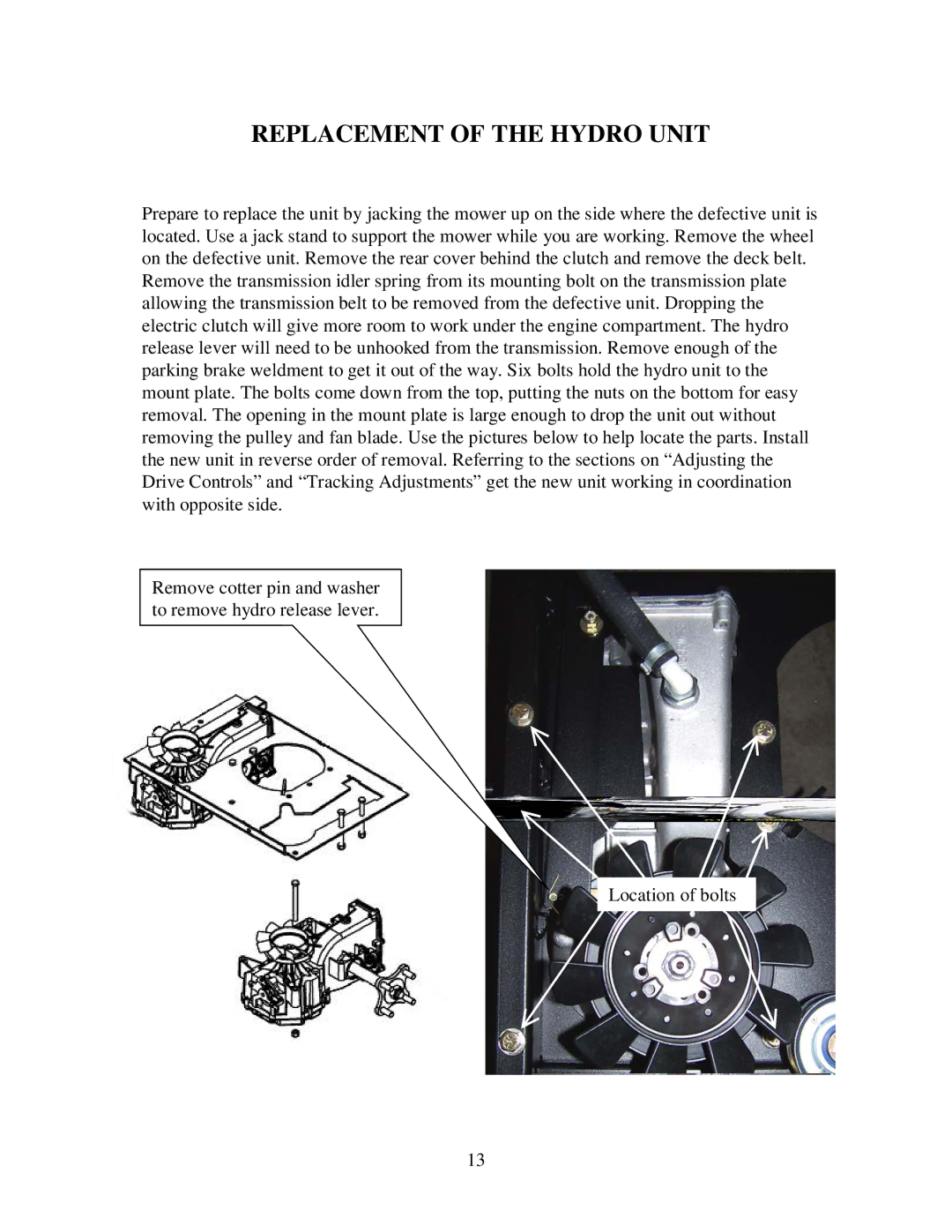 Swisher ZT18542 manual Replacement of the Hydro Unit 