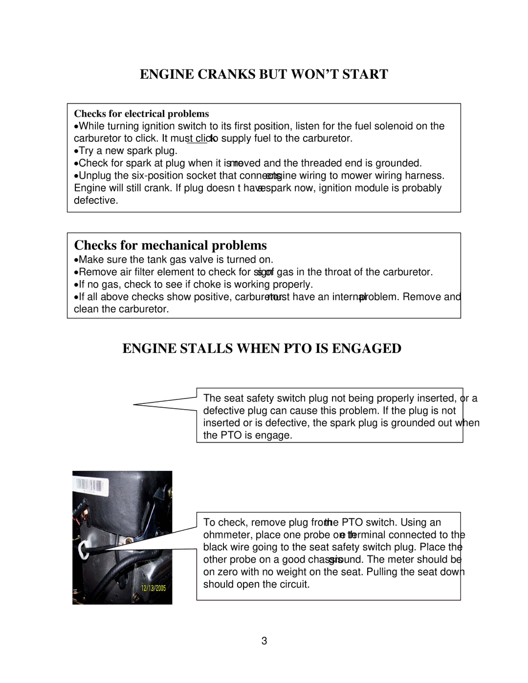 Swisher ZT18542 manual Engine Cranks but WON’T Start, Engine Stalls When PTO is Engaged 