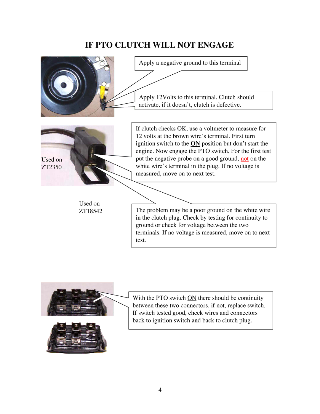 Swisher ZT18542 manual If PTO Clutch will not Engage 