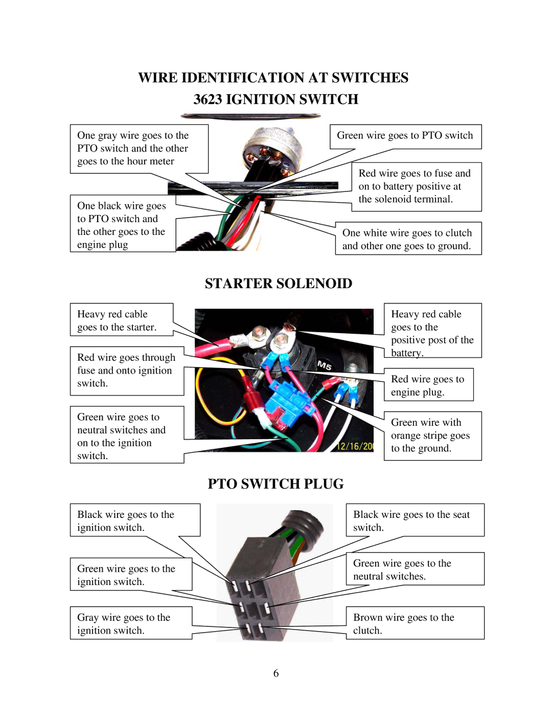 Swisher ZT18542 manual Wire Identification AT Switches Ignition Switch, Starter Solenoid, PTO Switch Plug 