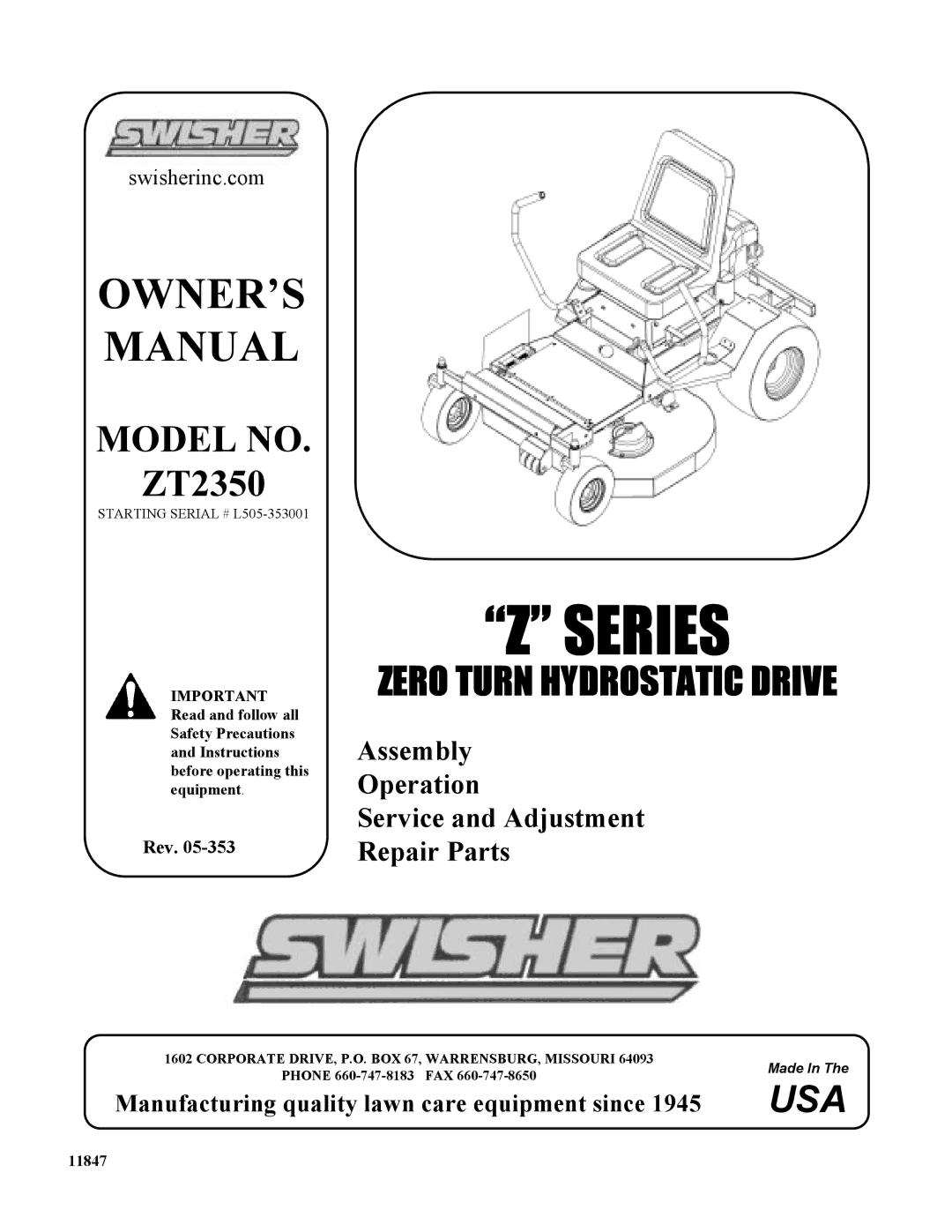 Swisher ZT2350 owner manual Zseries 