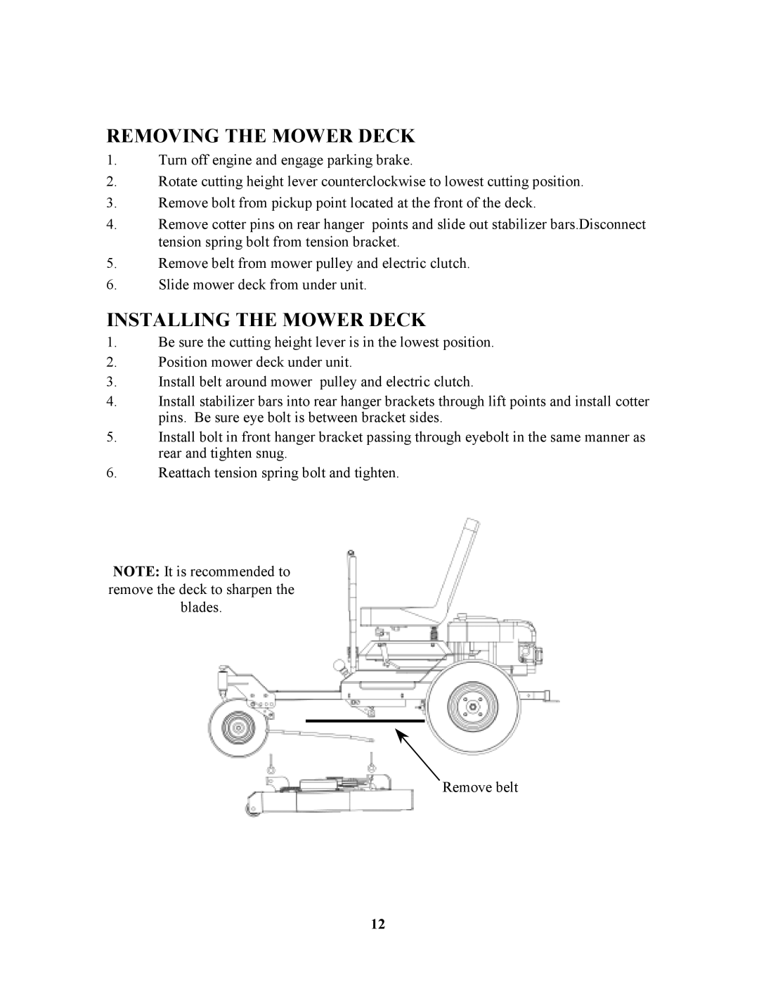 Swisher ZT2350 owner manual Removing the Mower Deck, Installing the Mower Deck 