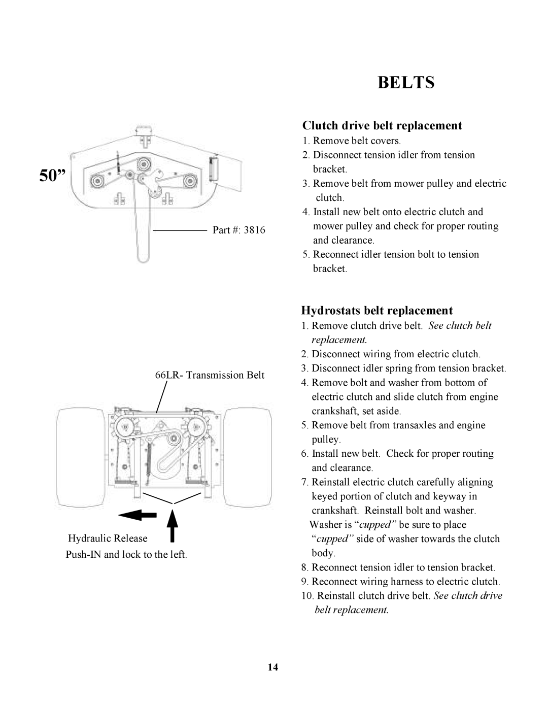 Swisher ZT2350 owner manual Belts, Clutch drive belt replacement 