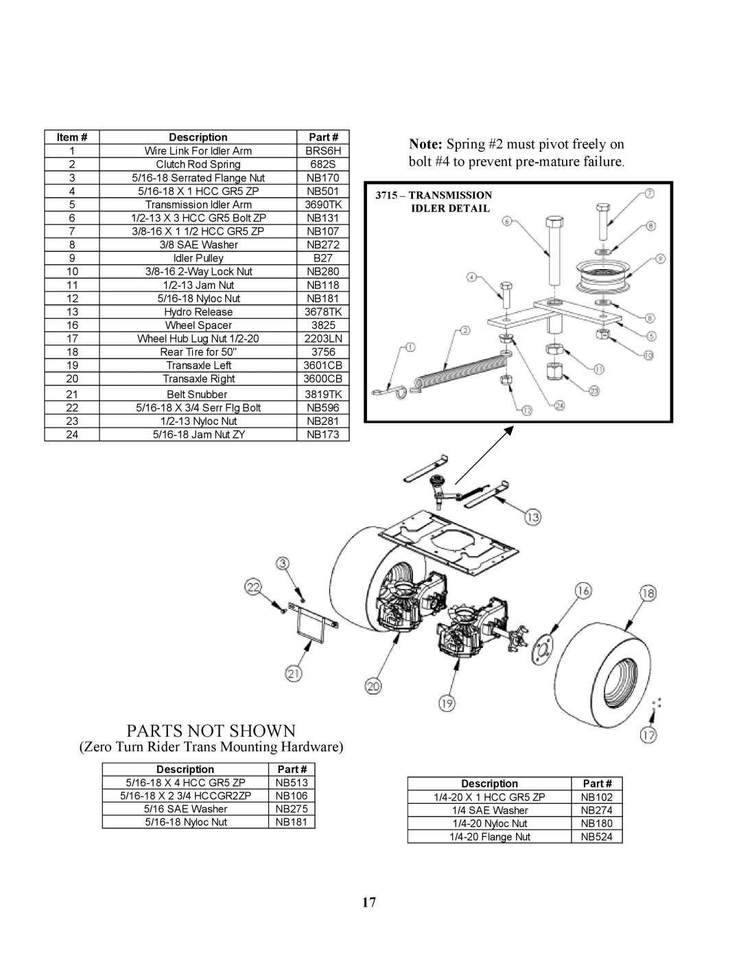 Swisher ZT2350 owner manual Parts not Shown, Item # Description 