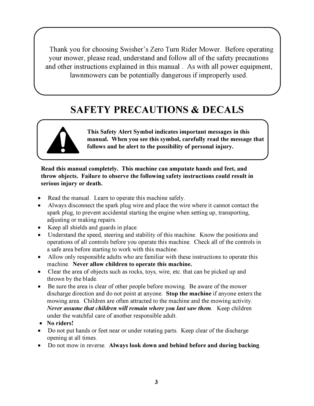 Swisher ZT2350 owner manual Safety Precautions & Decals 