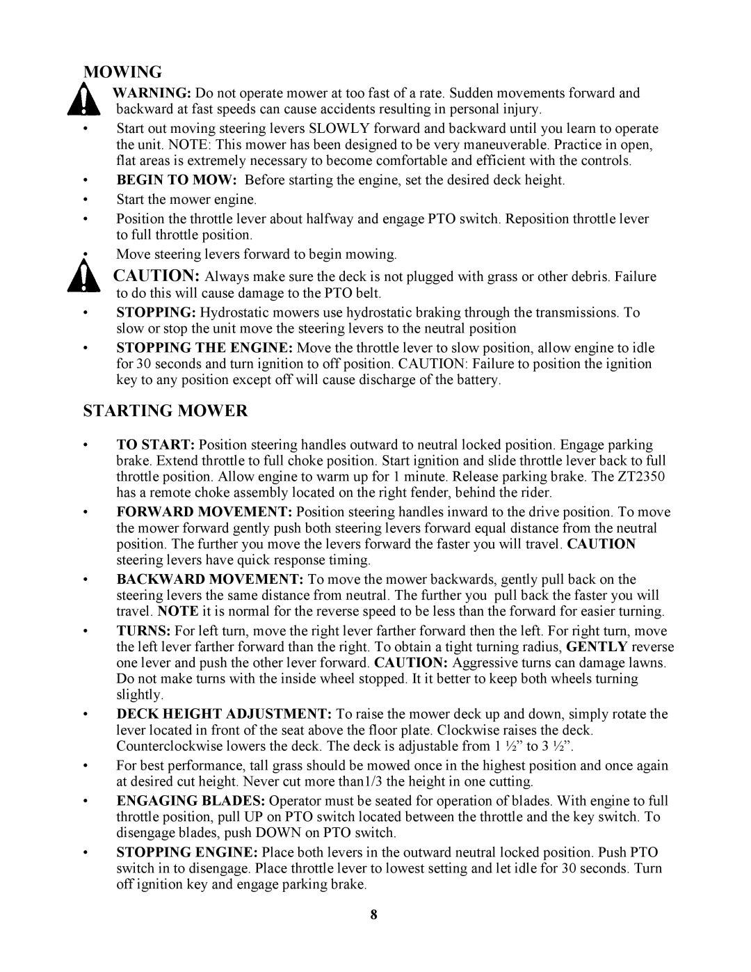 Swisher ZT2350 owner manual Mowing 